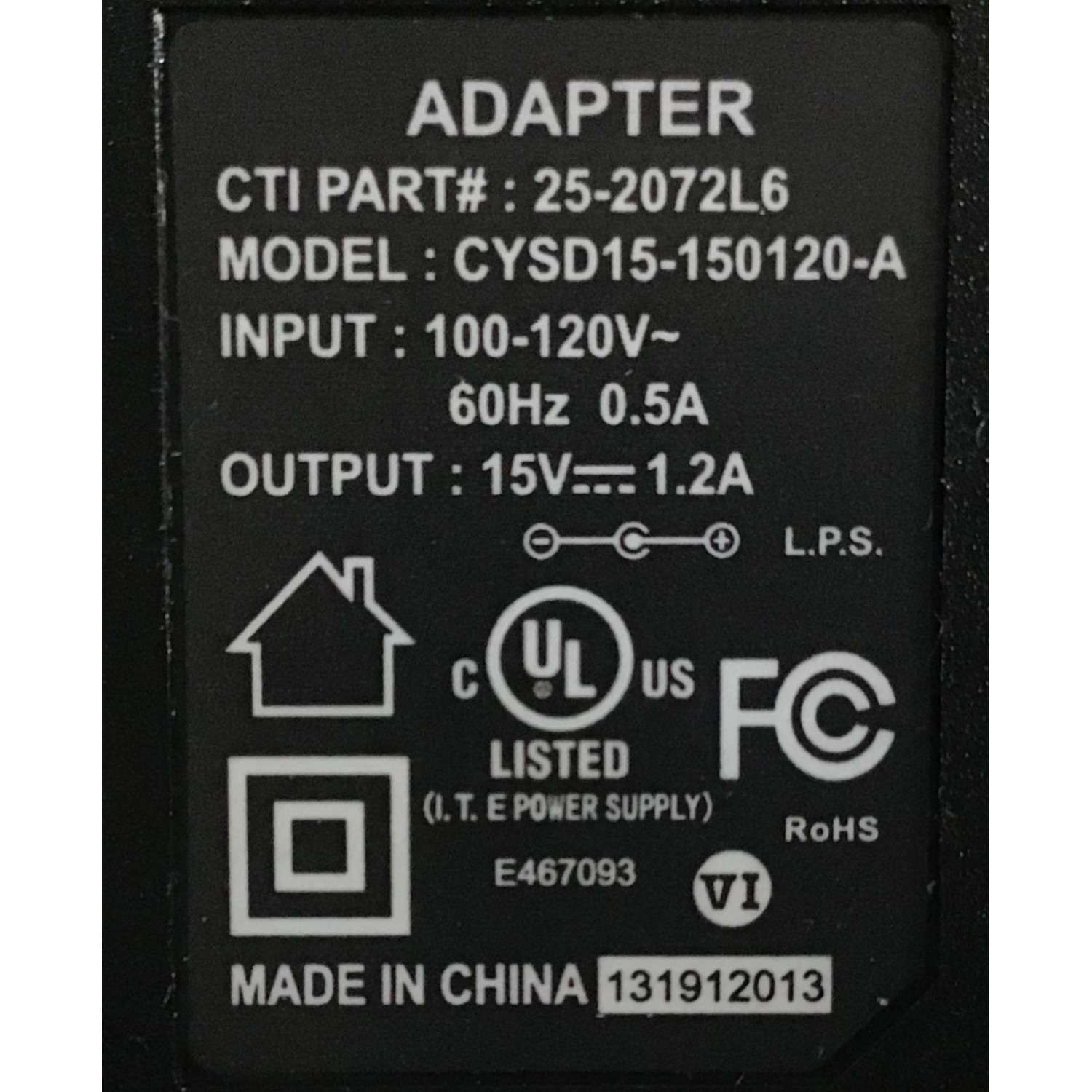 ADAPTADOR DE FUENTE DE ALIMENTACIÓN VCA -VCD / 25-2072L6 / OUTPUT:15V- 1.2A / CTI#25-2072L6 / 10.0MM / MODELO CYSD15-150120-A - Imagen 2