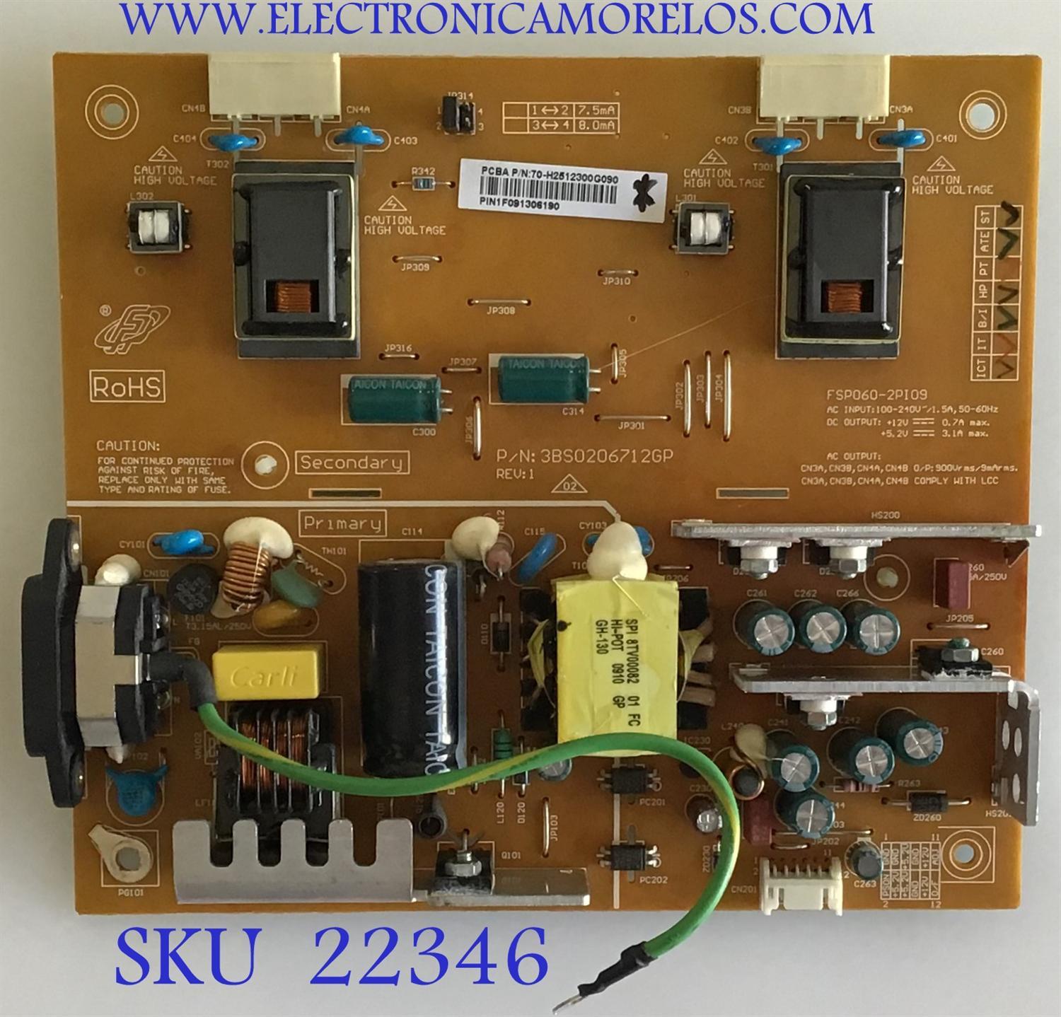 FUENTE DE PODER PARA MONITOR HANNSPRE / 70-H2512300G090 / FSP060-2PI09 / 3BS0206712GP / PANEL HSD250MUW2-A00 REV:1 / MODELO HF257HPB