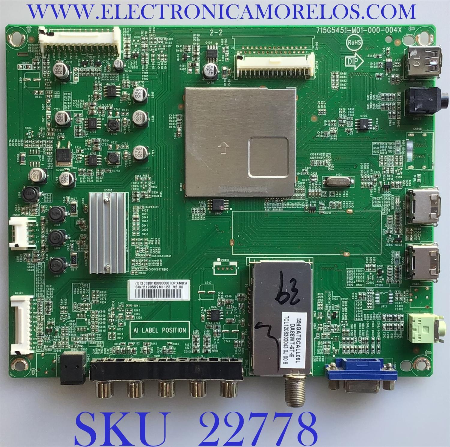 MAIN PARA TV INSIGNIA / 756TXCCB01K088 / 715G5451-M01-000-004X / (T)TXCCB01K0880000TOP / PANEL TPT-390J1-L01 REV:C1E / MODELO NS-39D240A13 FBUC9YA