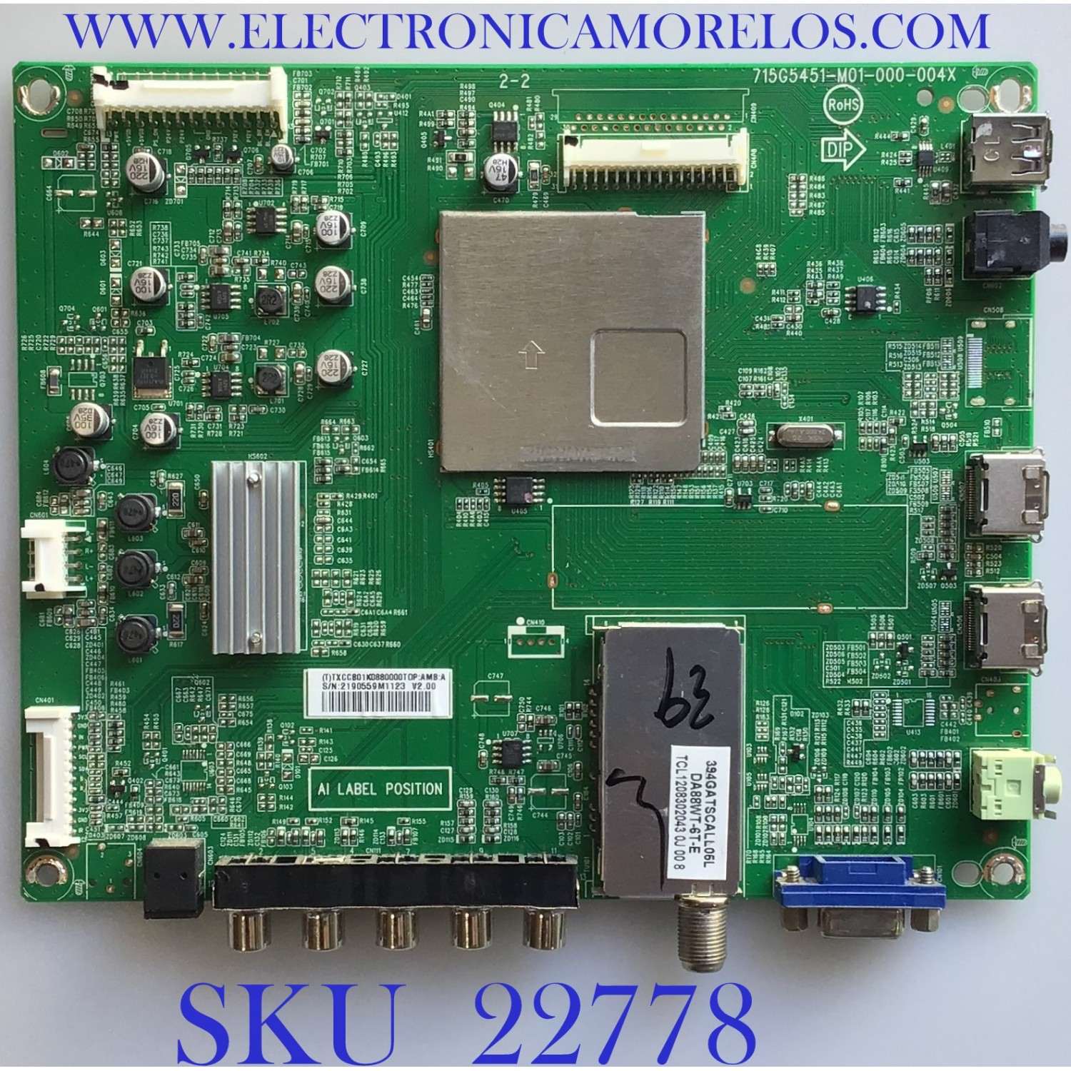 MAIN PARA TV INSIGNIA / 756TXCCB01K088 / 715G5451-M01-000-004X / (T)TXCCB01K0880000TOP / PANEL TPT-390J1-L01 REV:C1E / MODELO NS-39D240A13 FBUC9YA