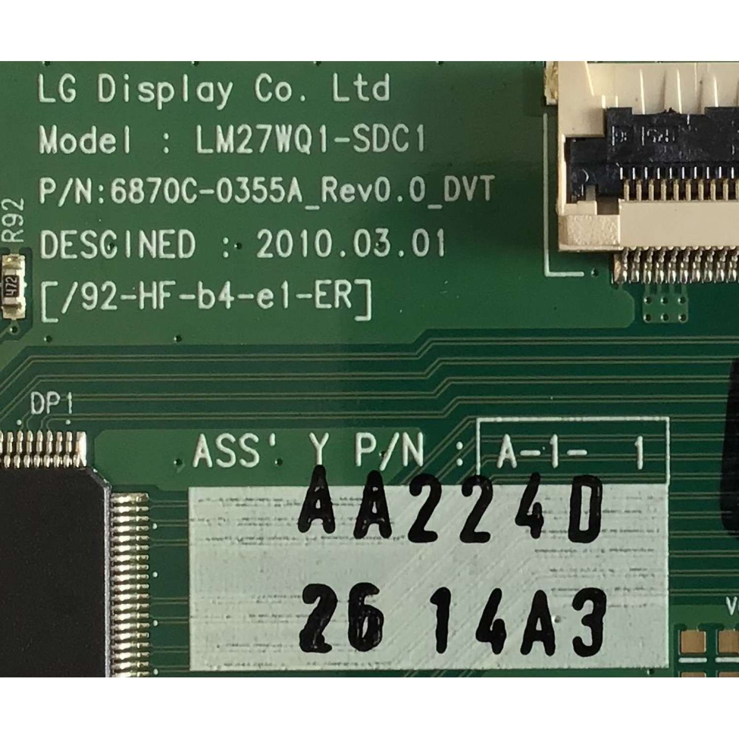 T-CON PARA MONITOR HP / 6871L-2614A / 6870C-0355A / 2614A  / PANEL LM270WQ1(SD)(DB) / MODELO ZR2740W - Imagen 2