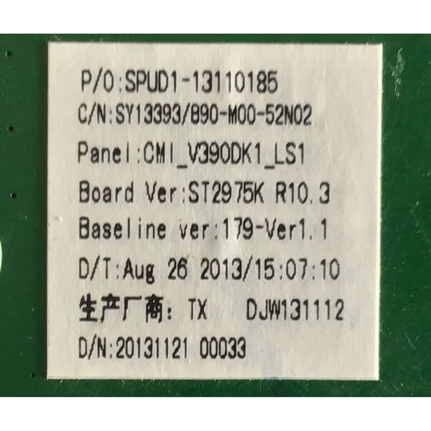 MAIN PARA TV SEIKI / SY13393 / ST2975_R10.3 / SPUD1-13110185 / 890-M00-52N03 / 20131121 / DJW131112 / PANEL V390DK1-LS1 REV.C1 / MODELO SE39UY04		 - Imagen 4