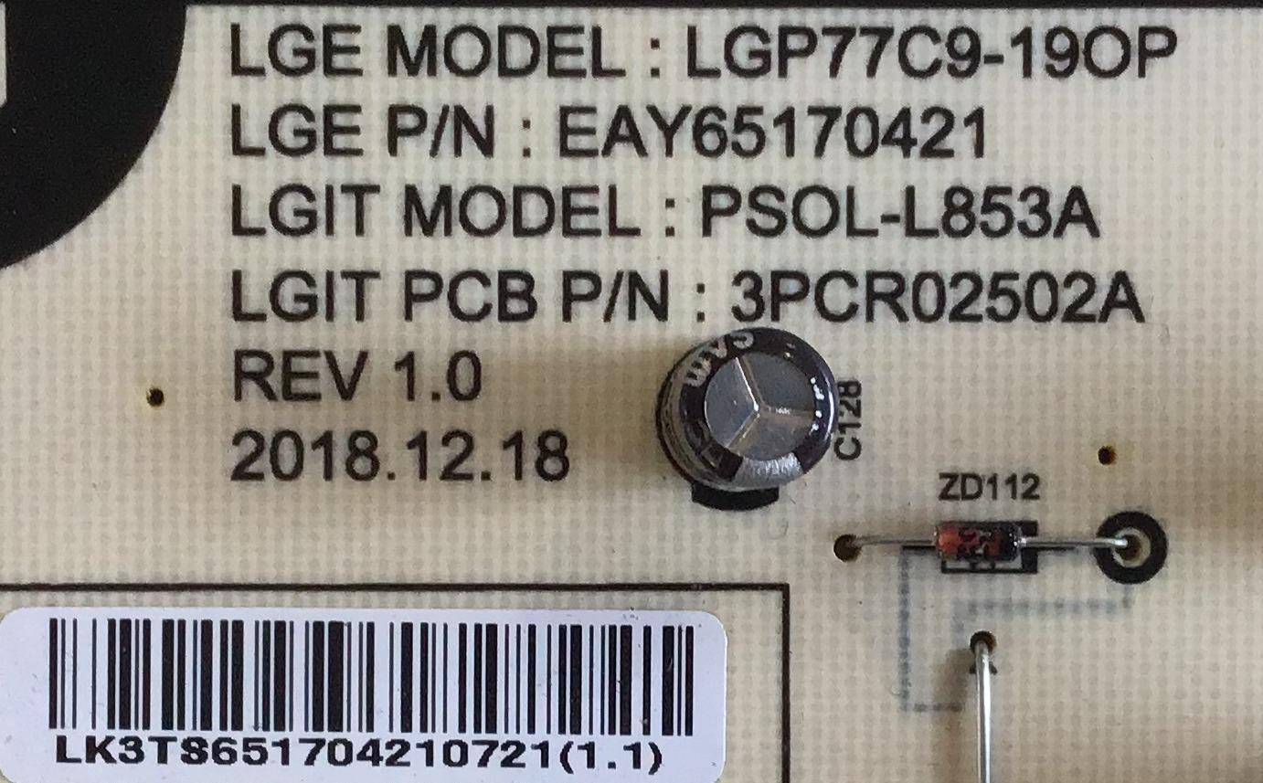 FUENTE DE PODER PARA SMART TV LG / EAY65170421 / LGP77C9-19OP / 3PCR02502A / PSOL-L853A / 65170421 / PANEL LE770AQD (AM)(A1) / MODELO OLED77C9AUB.BUSYLJR - Imagen 4