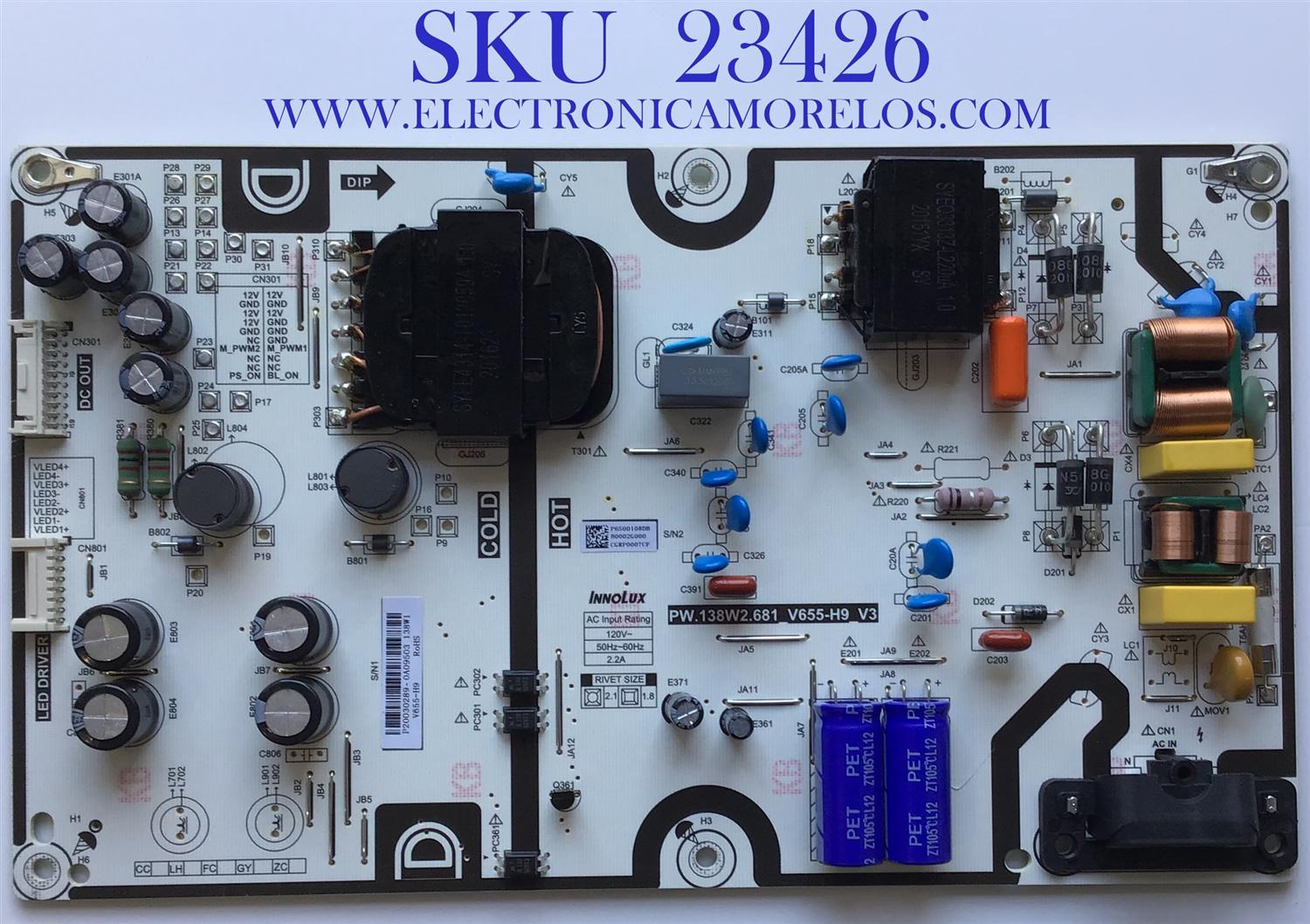 FUENTE DE PODER PARA VIZIO 4K HDR SMART TV / NUMERO DE PARTE P650D108DB / PW.138W2.681 / PW.138W2.681_V655-H9_V3 / B0002G000 / V655-H9 / PANEL V650DJ4-D03 REV.C1 / MODELO V655-H19 / V655-H19 LIAIZC / V655-H19 LINIZC / V655-H9 LINIZCKW 