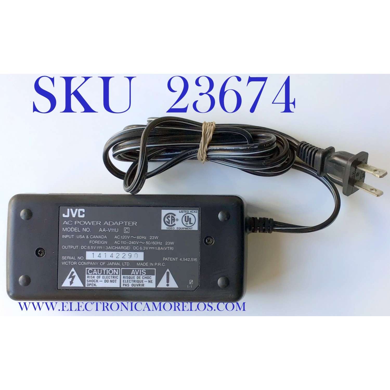 ADAPTADOR JVC VCA / NUMERO DE PARTE AA-V11U / MODELO AA-V11U / ENTRADA VCA AC110-240V～50/60㎐ 23W / SALIDA VCD 8.5V-1.3A	