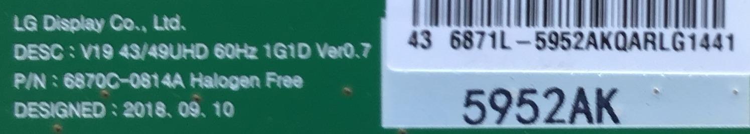T-CON PARA TV SONY / NUMERO DE PARTE 6871L-5952A / 6870C-0814A / 5952A / 1-001-519-11 / PANEL'S YS9F043HNG01 / YS9F043HNO01 / MODELO XBR-43X800H / XBR43X800H - Imagen 2