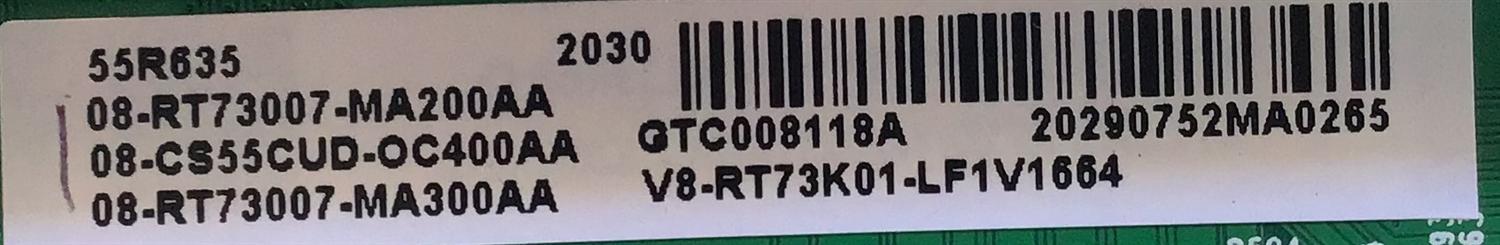 MAIN PARA SMART TV (ROKU) TCL 4K QLED DOLBY VISION HDR RESOLUCION (3840 X 2160) / NUMERO DE PARTE 08-CS55CUD-OC400AA / 40-RT73M1-MAC2HG / RTD2873 / V8-RT73K01-LF1V1664 / 08-RT73007-MA200AA / 08-RT73007-MA300AA / PANEL LVU550NDHL / MODELO 55R635 - Imagen 2