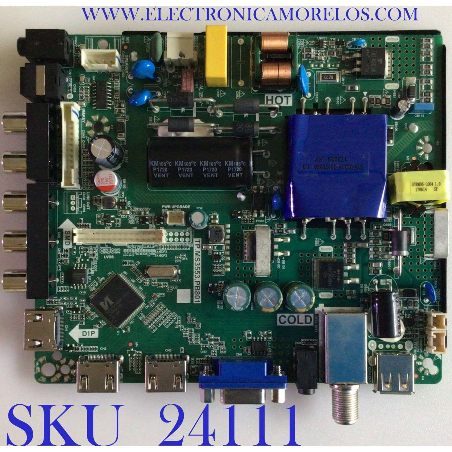 MAIN FUENTE (COMBO) PARA TV ELEMENT / NUMERO DE PARTE 21006149 / TP.MS3553.PB801 / W17080874 / T550HVN08.1 / E17212-2-KK / PANEL MD5533YTAF / MODELO ELEFW5517 H7A9M