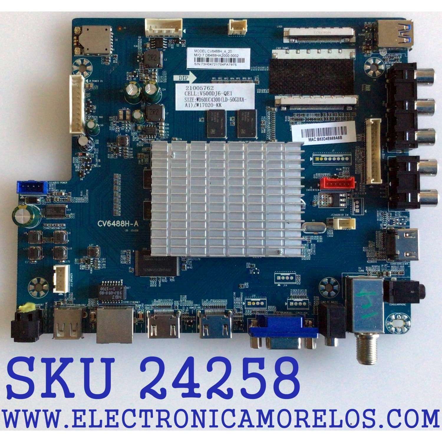 MAIN PARA TV ELEMENT / NUMERO DE PARTE W17020-KK / CV6488H-A / LD-50GDXA-A1 / WD50UC4300 / 7.D6488HA2000.0002 / V500DJ6-QE1 / CV6488H-A-20 / MODELO E4SFT5017 K7C4M