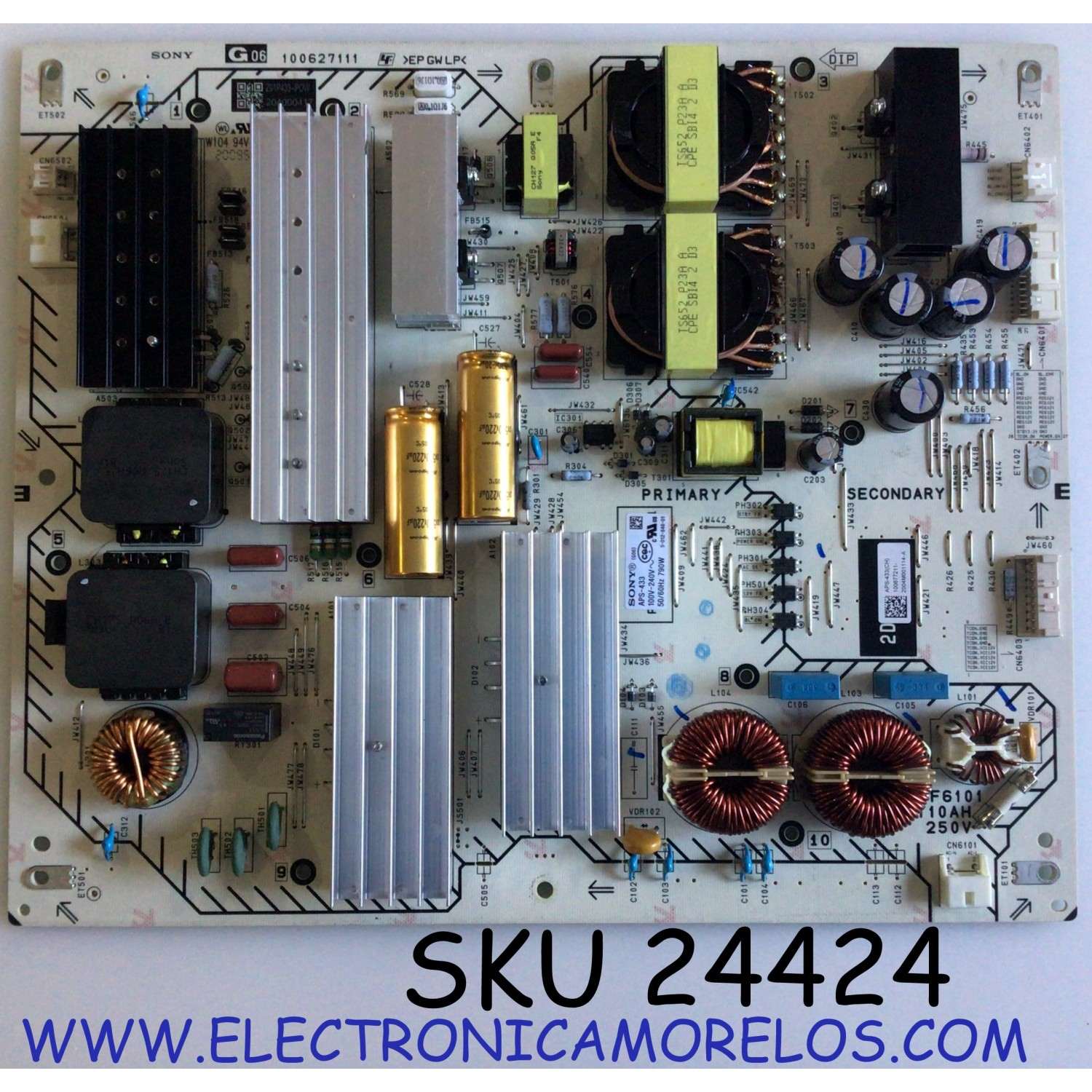 FUENTE DE PODER PARA TV SONY / NUMERO DE PARTE 100677211 / 1-006-772-11 / 100627111 / APS-433(CH) / APS-433 / 204000417 / PANEL HDAS075DTU02 / MODELO XBR-75Z8H / XBR75Z8H