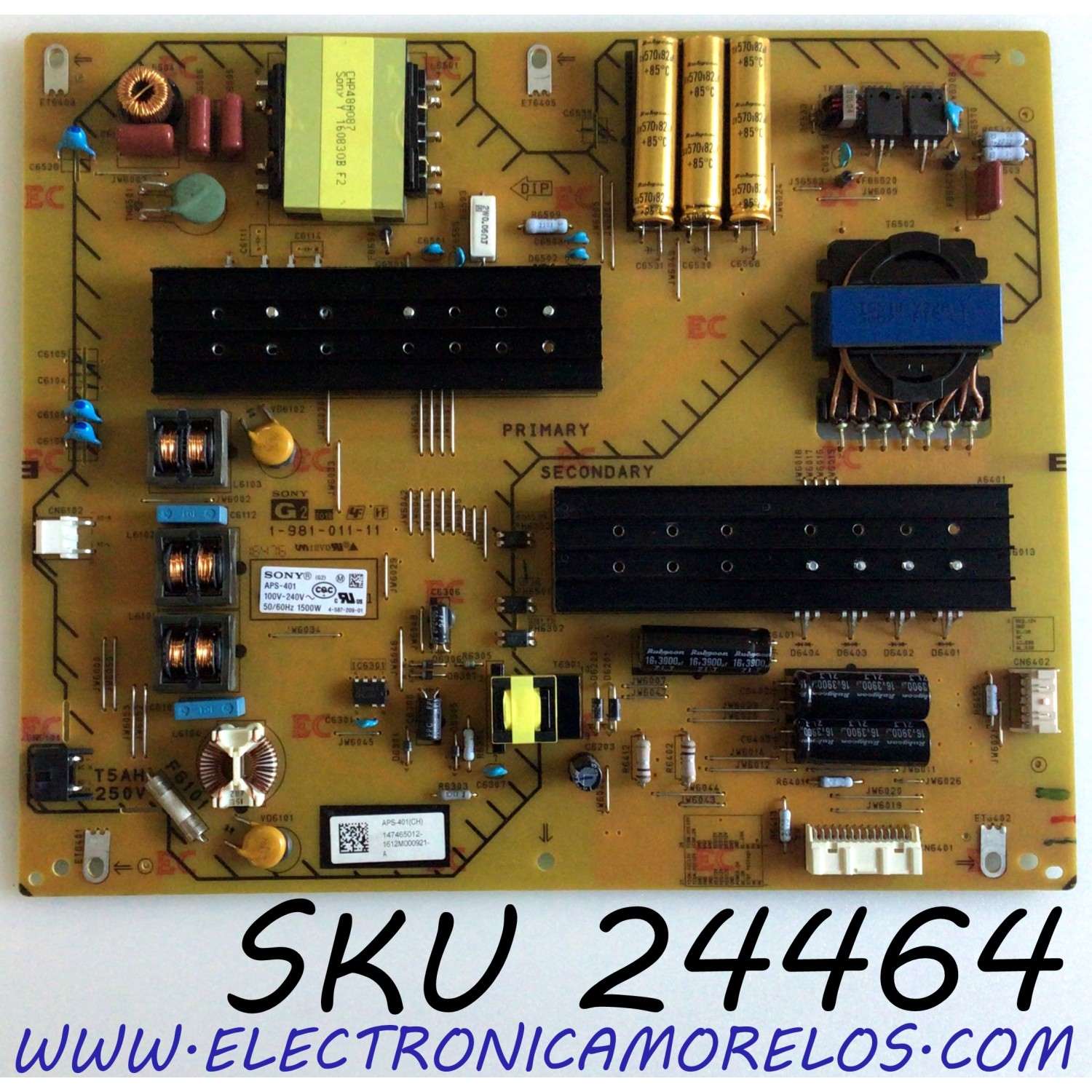 SUB FUENTE DE PODER PARA TV SONY / NUMERO DE PARTE 1-474-650-12 / 1-981-011-11 / 1-981-011-11 / 147465012 / APS-401 / PARTE SUSTITUTA 147465011 / 1-474-650-11 / PANEL YD6S750DTD01 / MODELO XBR-75X940D / XBR75X940D