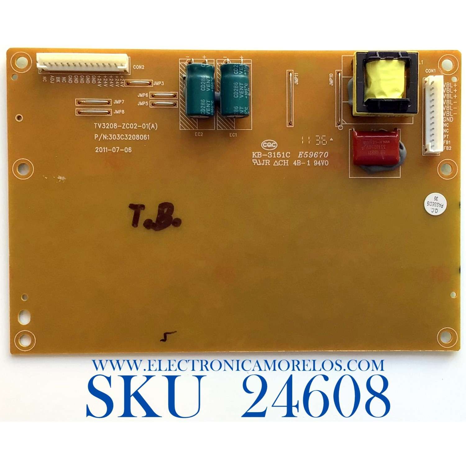 BACKLIGHT INVERTER PARA TV HAIER / NUMERO DE PARTE TV-5210-694 / TV3208-ZC02-01 / TV3208-ZC02-01(A) / 303C3208061 / KB-3151C / E59670 / PANEL V315B6-L04 Rev.C1 / MODELOS L32D1120 / L32D1120A / L32F1120A