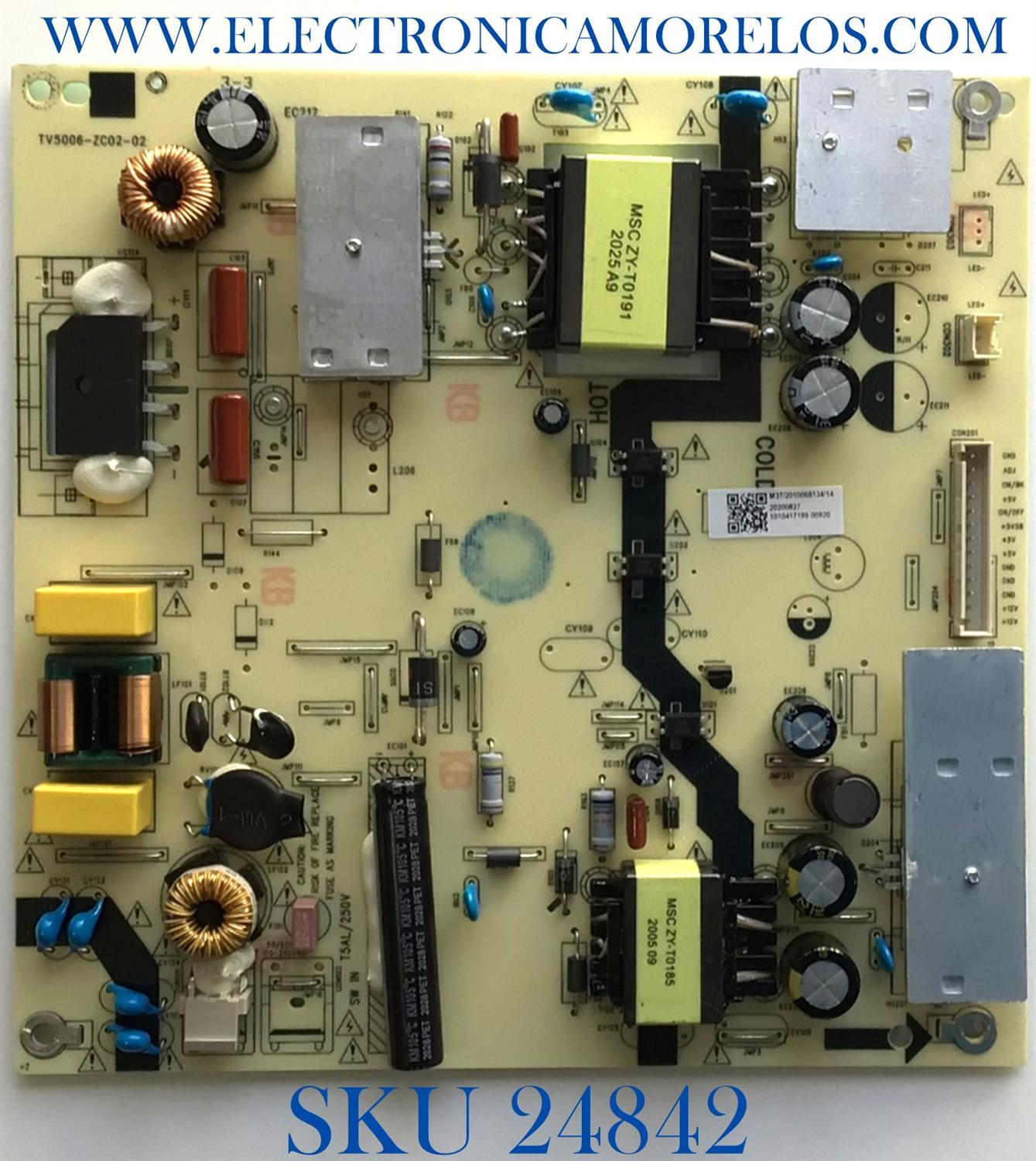 FUENTE PARA TV WEATINGHOUSE NUMERO DE PARTE 1010417189 / TV5006-ZC02-02 / 20200827 / 1010417189-00920 / PANEL V430DJ-Q01 / MODELO WR43UX4019