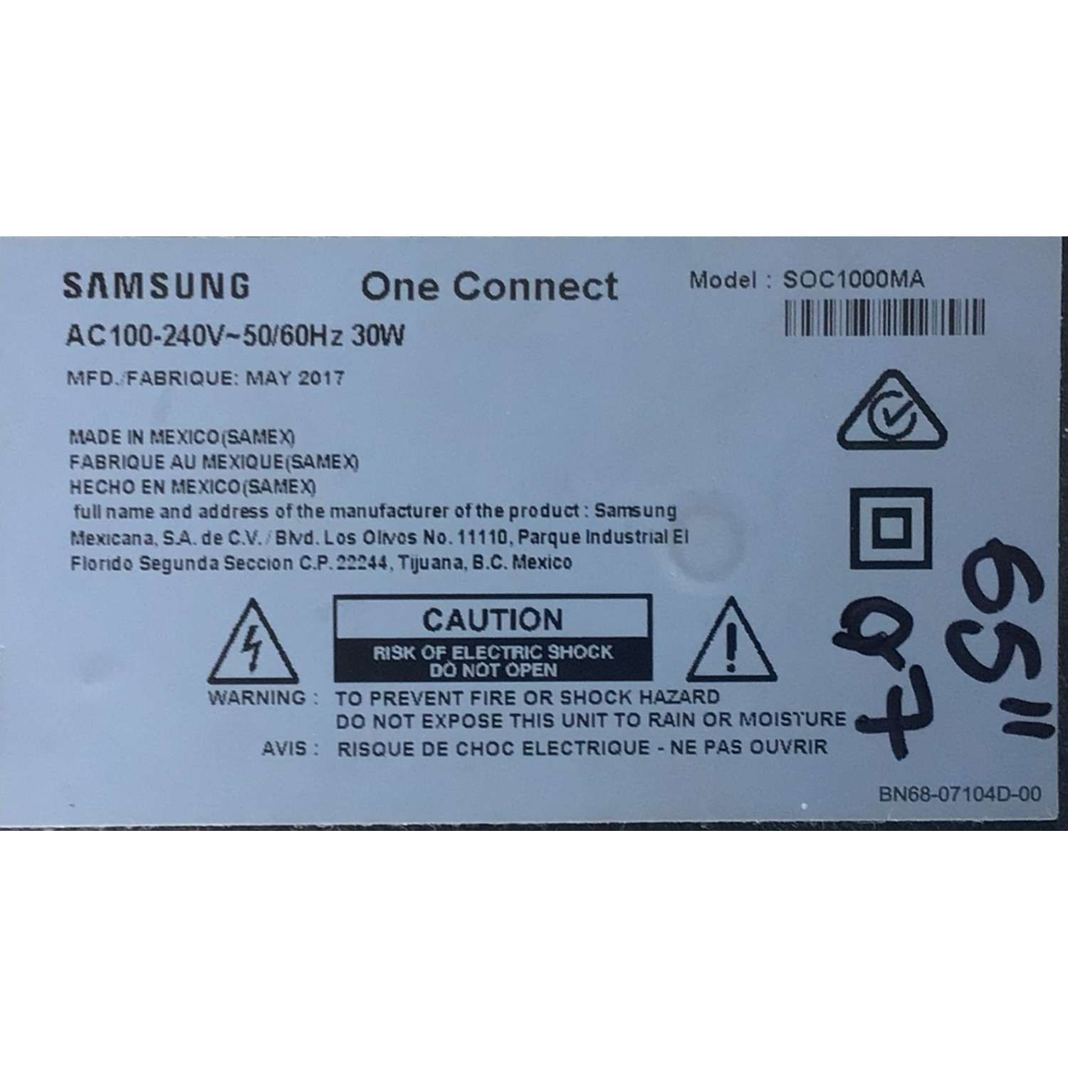ONE CONNECT MODEL: SOC1000MA PARA TV SAMSUNG ((USADO)) NUMERO DE PARTE BN91-19237A / SOC1000MA / BN9119237A / MX10BN9619237AA664J5N0065  / Q65Q7C  MODELO QN65Q7CDMFXZA / QN65Q7CDMFXZA-AA01   - Imagen 3