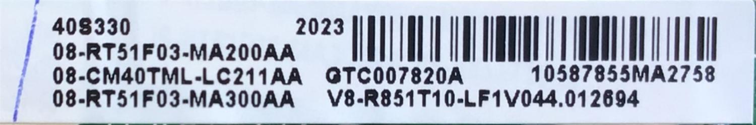 MAIN PARA TV TCL 08-RT51F03-MA200AA / 40-RT51F1-MAA2HG  / RT2851 / 08-CM40TML-LC211AA / 08-RT51F03-MA300AA  / V8-R851T10-LF1V044.012694 / PANEL  LVF395NDEL MD9W06 / DISPLAY V400HJ6-PE1 / MODELO 40S330 - Imagen 3
