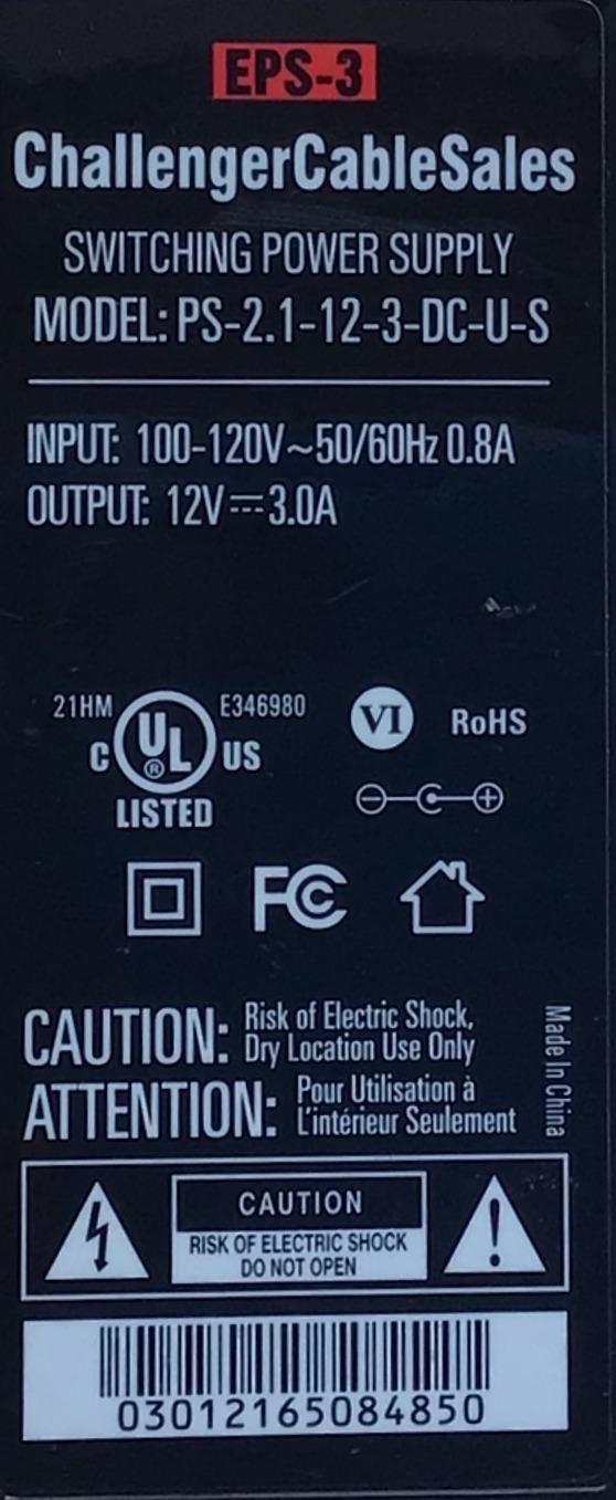 ADAPTADOR COMCAST NUMERO DE PARTE PS-2.1-12-3-DC-U-S / EPS-3 / INPUT: 100-120V ~ 50/60HZ 0.8A / 12V 3.0A / MODELO PS-2.1-12-3-DC-U-S - Imagen 2