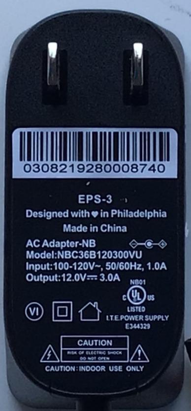 ADAPTADOR AXFINITY NUMERO DE PARTE NBC36B120300VU / EPS-3 / IMPUT: 100-120V ~ ,50/60HZ, 1.0A / 12.0V 3.0A / E344329 / MODELO NBC36B120300VU - Imagen 2