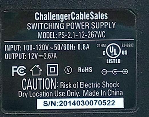ADAPTADOR ROHS NUMERO DE PARTE PS-2.1-12-267WC / INPUT: 100-120V ~ 50/60HZ 0.8A / 12V 2.67A / E346980 / EPS-26 / MODELO PS-2.1-12-267WC - Imagen 3