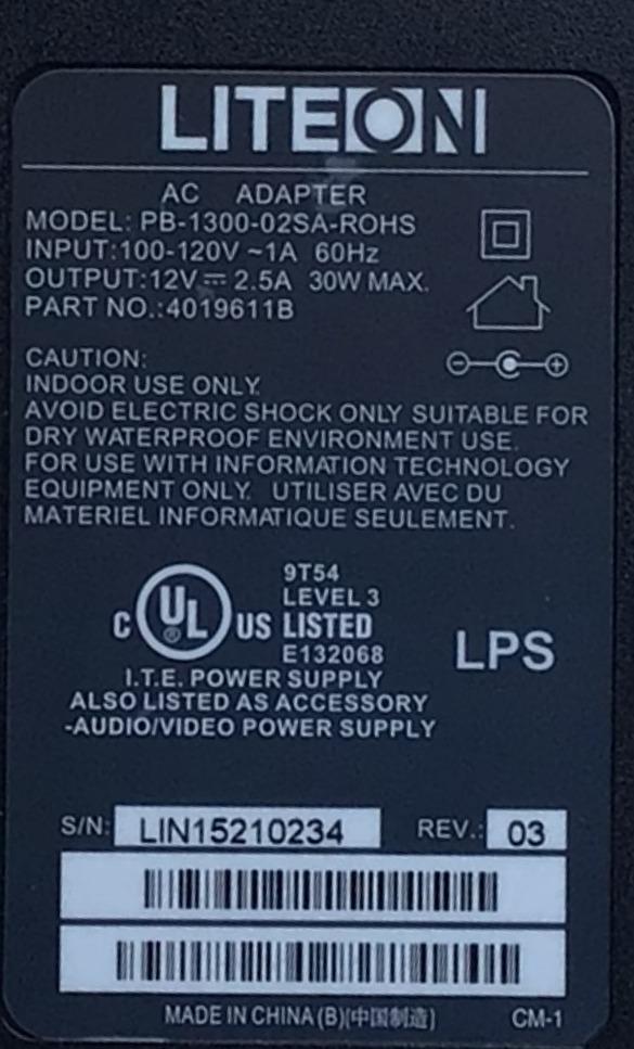 ADAPTADOR LITEON NUMERO DE PARTE 4019611B / LIN15210234 / 100-120V ~ 1A 60HZ / 12V 2.5A 30W MAX / MODELO PB-1300-02SA-ROHS - Imagen 2
