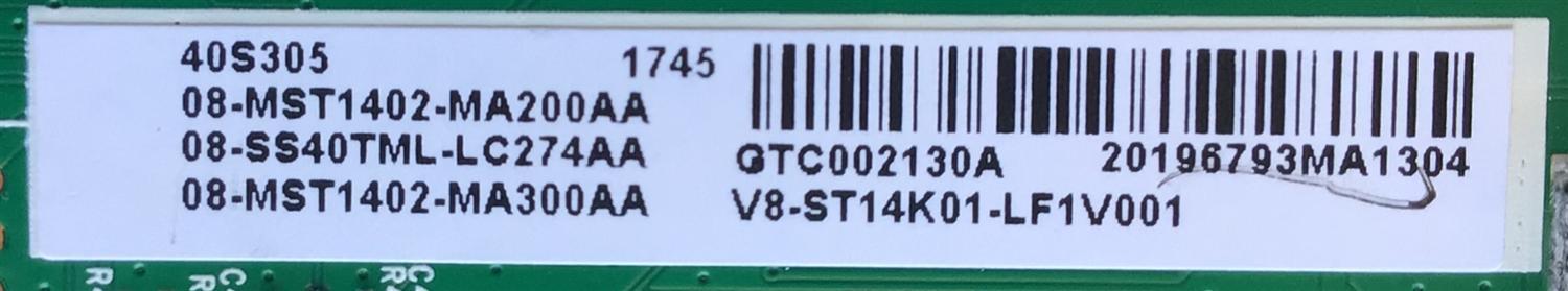 MAIN PARA TV TCL NUMERO DE PARTE 08-SS40TML-LC274AA / 40-MST14S-MAD2HG / 08-MST1402-LC274AA / 08-MST1402-MA300AA / PANEL LVF400ND1L / MODELO 40S305 - Imagen 2