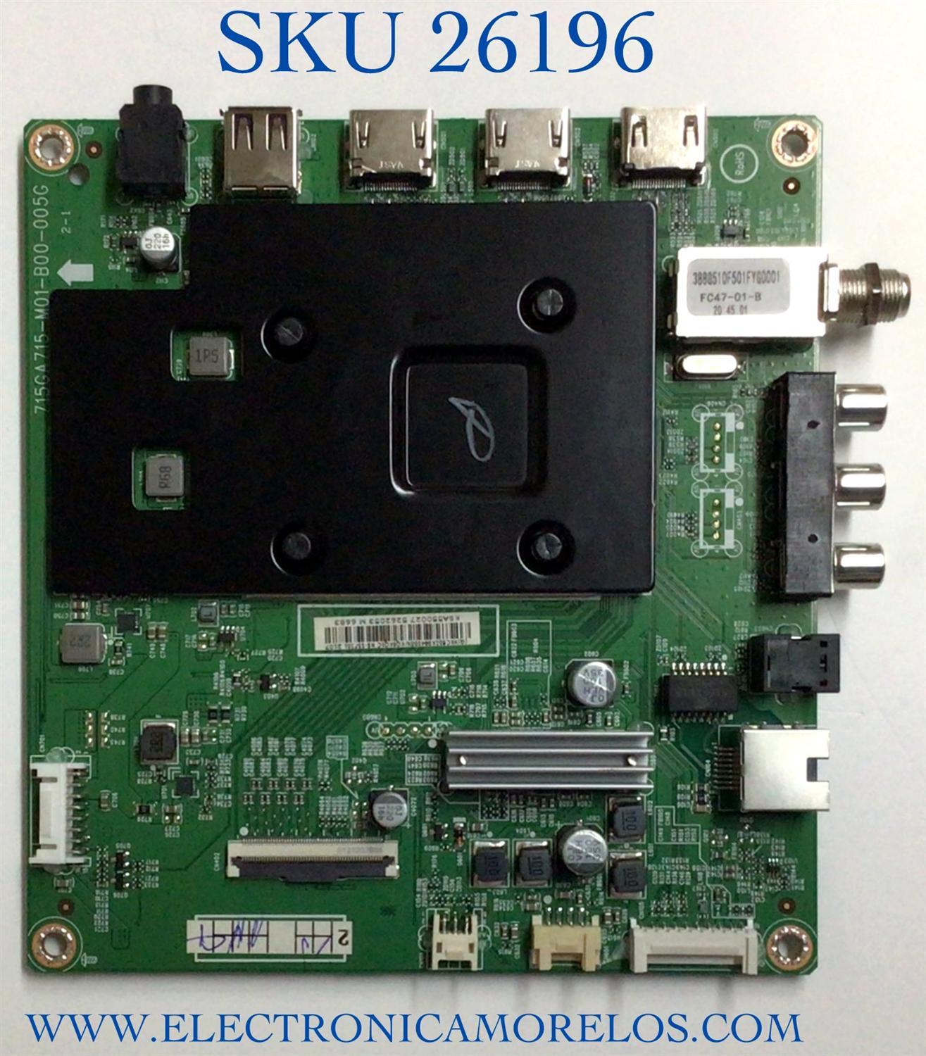 MAIN PARA TV INSIGNIA NUMERO DE PARTE XKCB02K094 / 715GA715-M01-B00-005G / (G)XKCB02K094000X / PANEL TPT550U1-QVN05.U REV:S57B1BC / NUMERO DE DISPLAY T550QVN05.7 / MODELO NS-55F301NA22