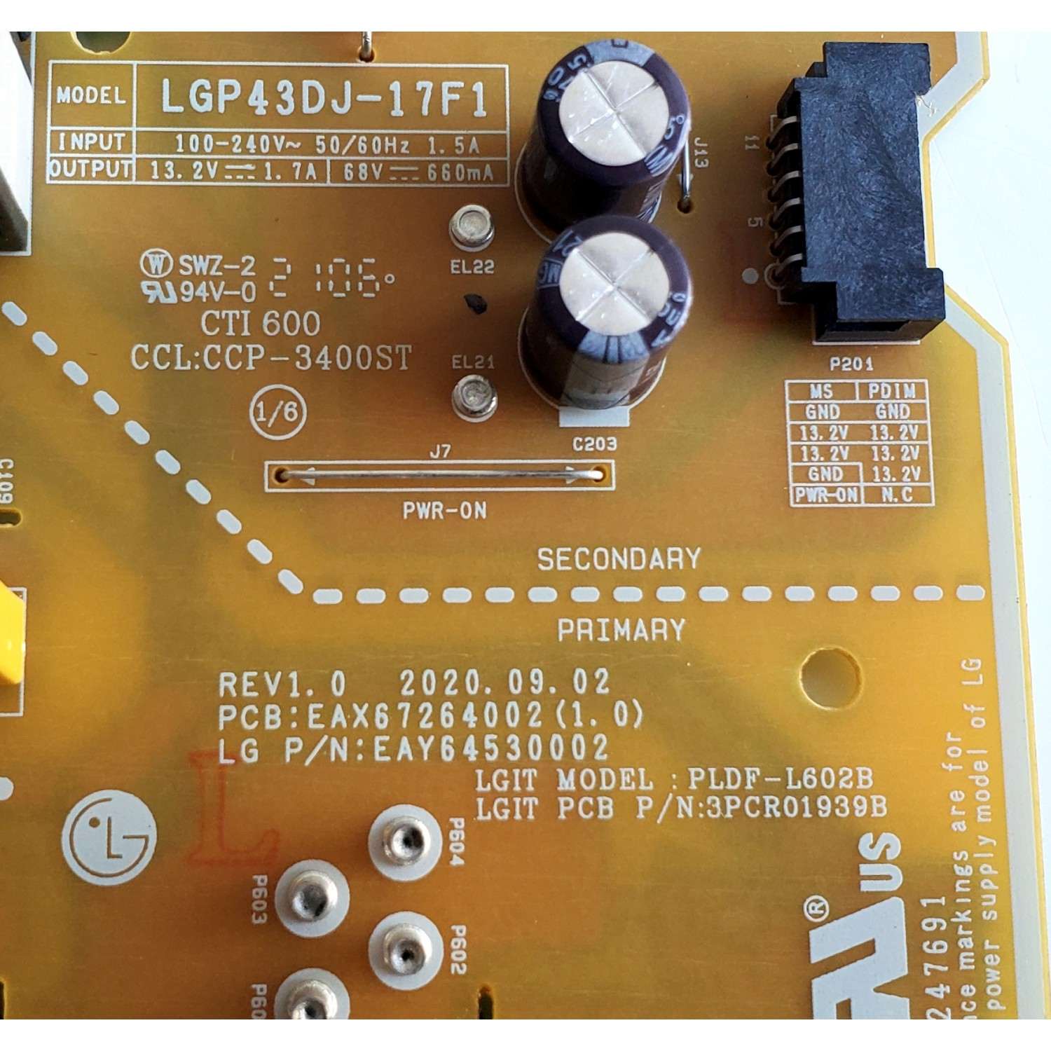 FUENTE DE PODER PARA TV LG / NUMERO DE PARTE EAY64530002 / EAX67264002 / EAX67264002(1.0) / 64530002 / 3PCR01939B / PLDF-L602B / PANEL NC430DUE-VHHX1 / MODELO 43LM5700PUA / 43LM5700PUA.BUSSLJM - Imagen 3