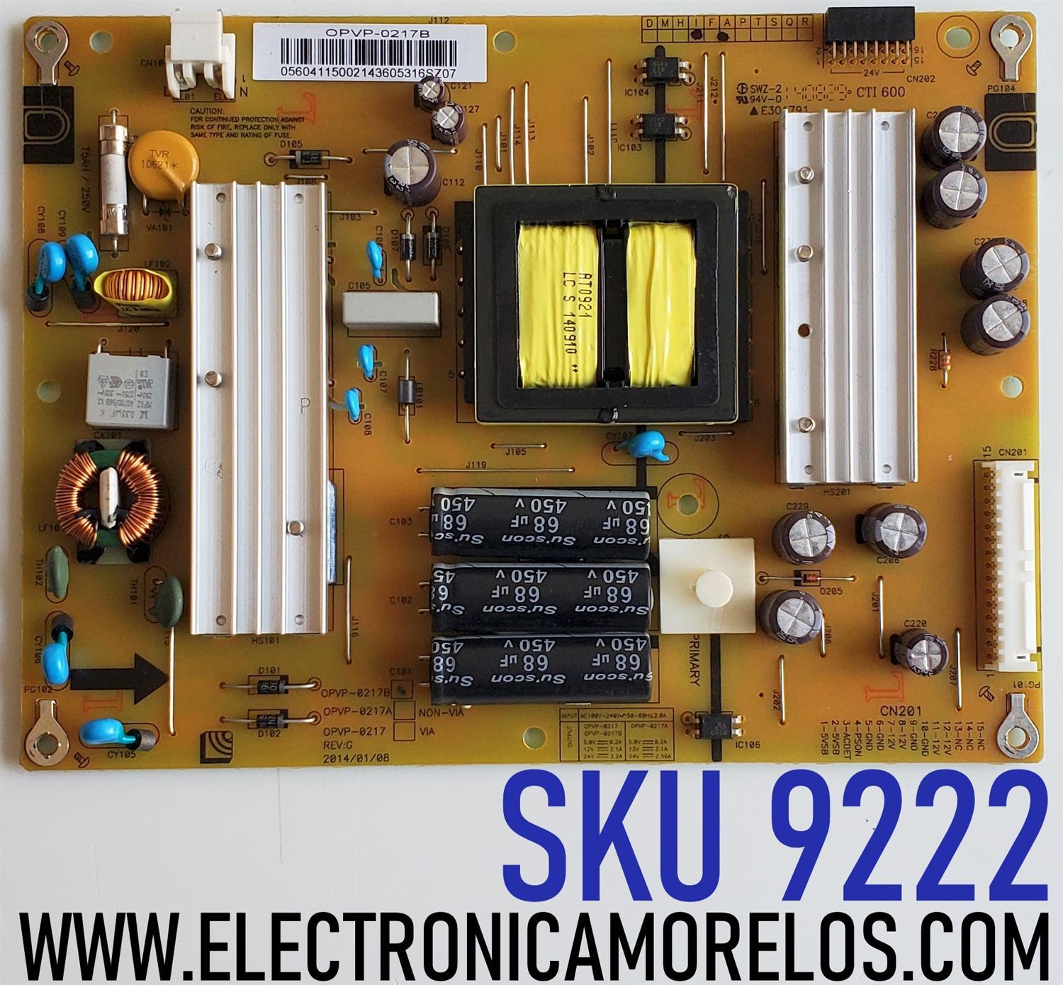 FUENTE DE PODER PARA TV VIZIO / NUMERO DE PARTE 56.04115.002 / OPVP-0217B / 5604115002 / 056.04115.002 / 05604115002 / PANEL LSC400HM06-S03 / MODELO E400I-B2 / E400I-B2 LWZQPNBQ