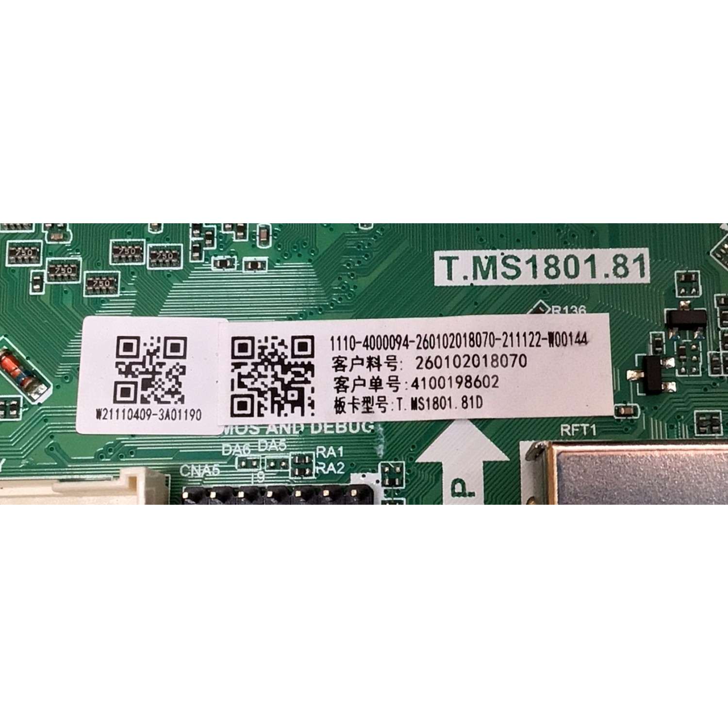 MAIN PARA TV WESTINGHOUSE 4K·UHD·HDR ((ROKU TV)) / NUMERO DE PARTE 260102018070 / T.MS1801.81 / 4100198602 / 1110-4000094-260102018070-211122-W00144 / T.MS1801.81D / W21110409 / PANEL HK550WLEDM-JHA0H / DISPLAY PT550GT01-1 VER.1.0 / MODELO WR55UX4212 - Imagen 3