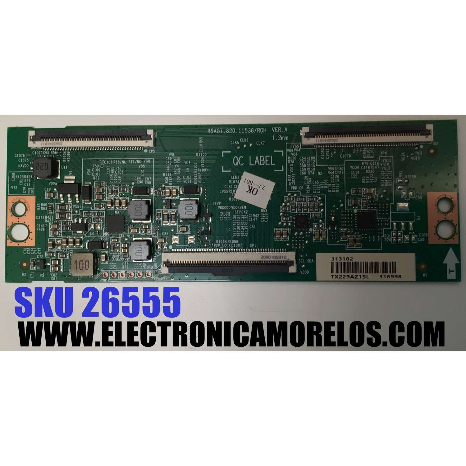 T-CON ORIGINAL PARA TV HISENSE / NUMERO DE PARTE 313182 / RSAG7.820.11538/ROH VER.A / 316998 / TX229AZ1SL / H41802PNK85A2 / CQC2 / PANEL HD550Y1U72-T0L2 / DISPLAY HV550QUB-F70 REV.2.0 / MODELO 55A65HV / 55A6GV / 55A6GV 55A53FUV