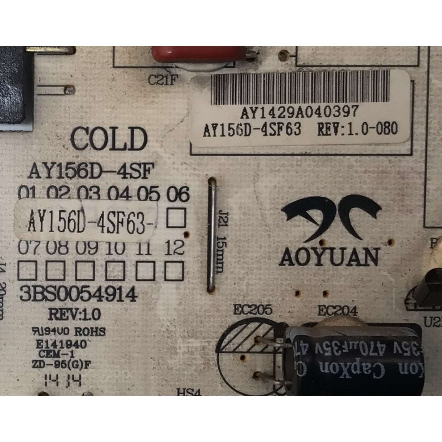 FUENTE DE PODER PARA TV VIOS / NUMERO DE PARTE AY156D-ASF63 / 3BS0054914 / AY156D-ASF63-080 / DISPLAY V500HJ1-PE8 REV.C1 / MODELO VLEDTV5014SM - Imagen 2