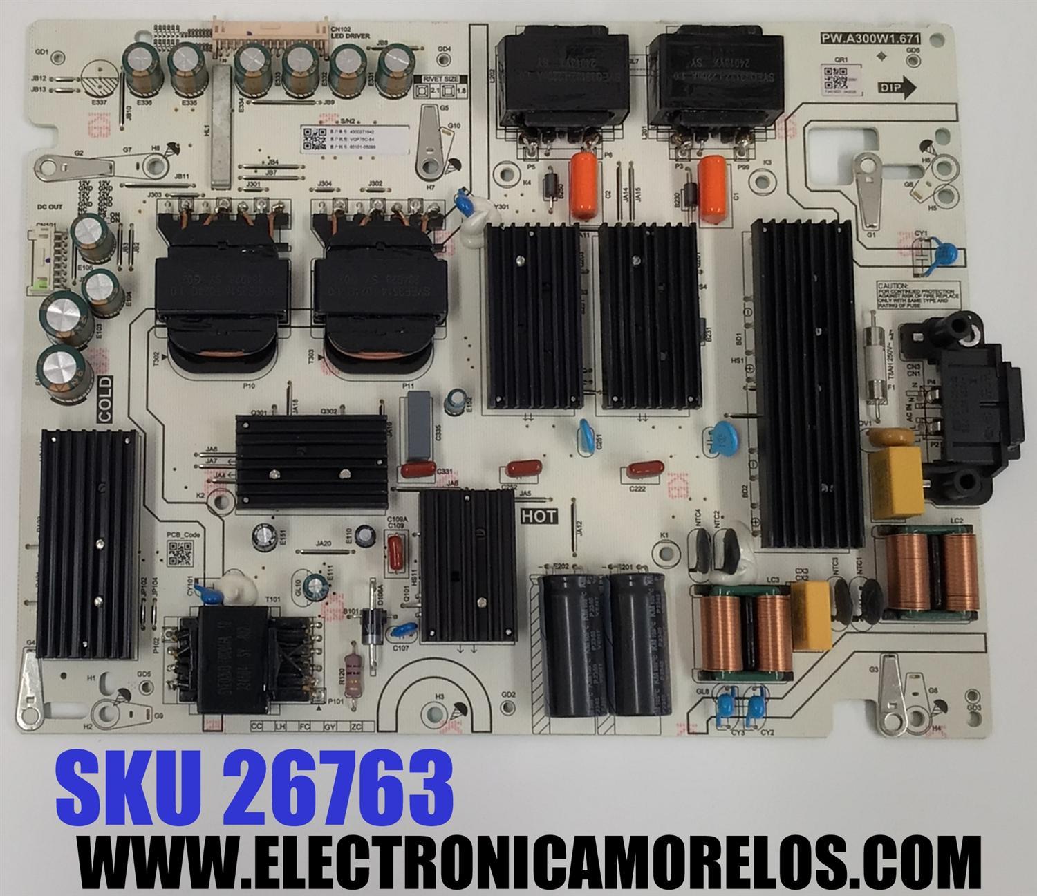 FUENTE DE PODER PARA TV VIZIO / NUMERO DE PARTE 60101-05099 / PW.A300W1.671 / 4300271942 / P24010033 / 0A00305 / PANEL BOEI750WQ1 / DISPLAY HV750QUB-E92 REV 2.0 / MODELO VQP75C-84 / VQP75C-84 LBSFS2HA