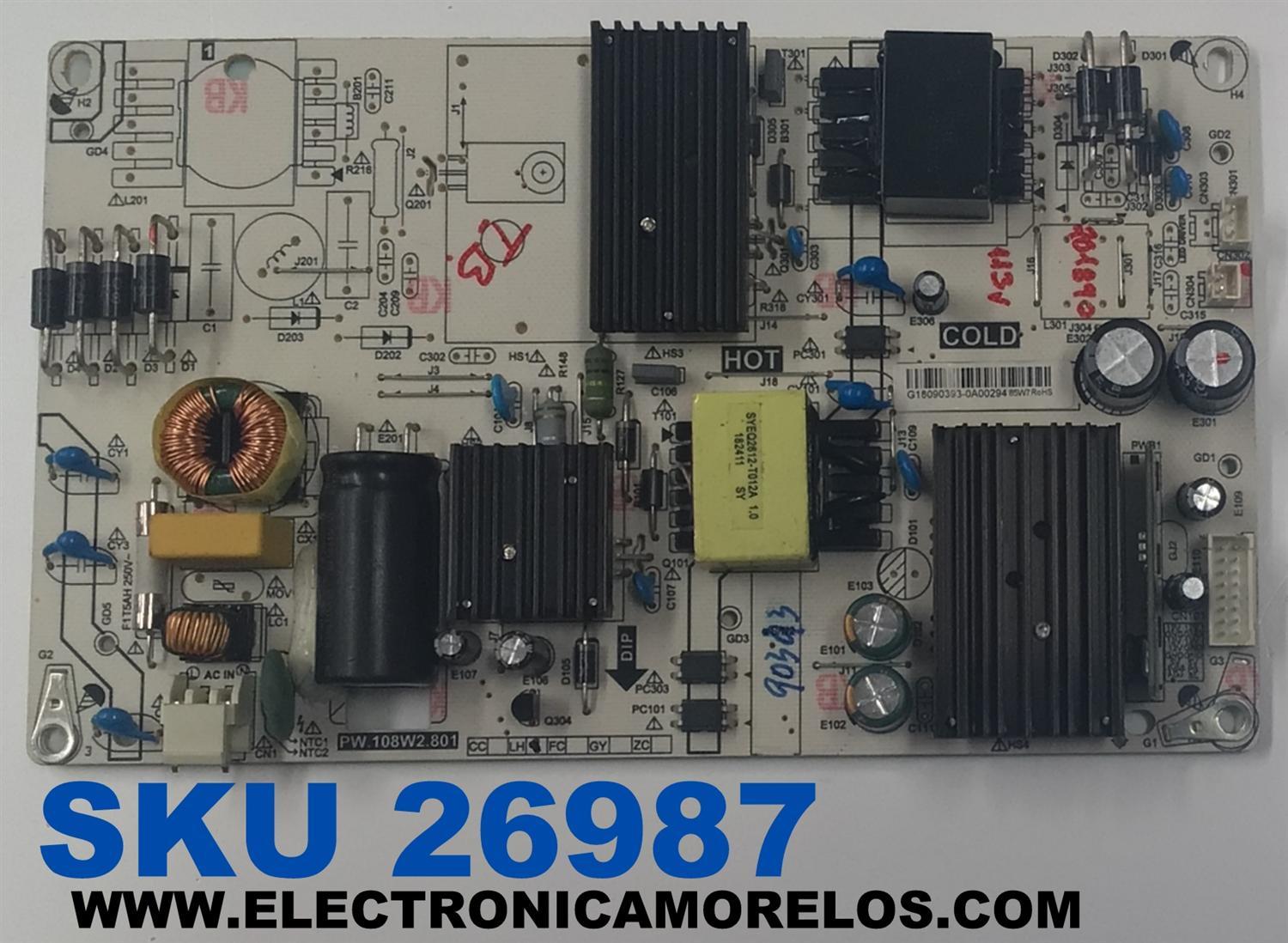 FUENTE DE PODER PARA TV POLAROID ORIGINAL / NUMERO DE PARTE PW.108W2.801 / G18090393 / 0A00294 / PANEL HV430QUB-N4D / MODELO 43GSR4100KL