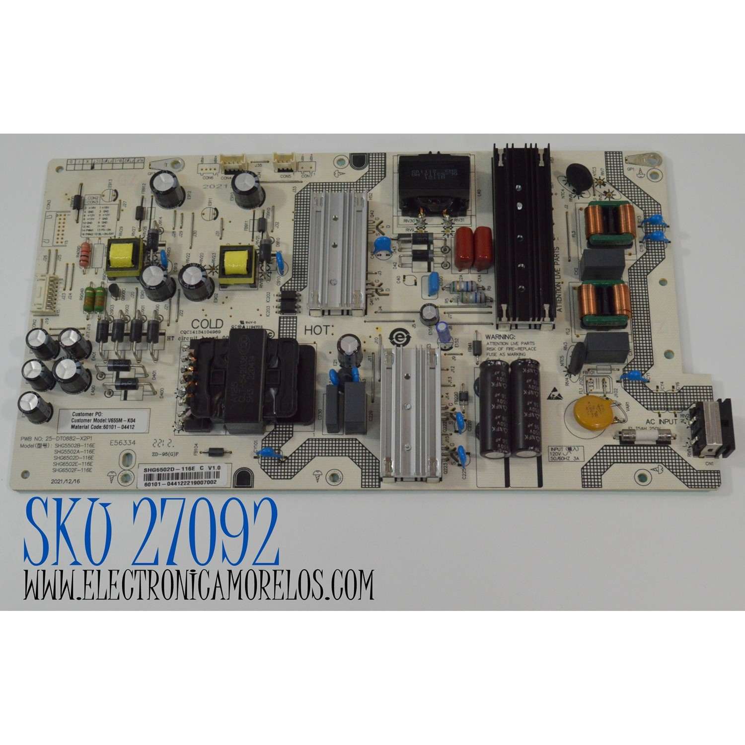FUENTE DE PODER PARA TV VIZIO ORIGINAL / NUMERO DE PARTE 60101-04412 / 25-DT0882-X2P1 / SHG6502D / SHG6502D-116E / PANEL BOEI650WQ1 / DISPLAY HV650QUB-F70 REV.2.0 / MODELO V655M-K04 / V655M-K04 LBSFM9LY