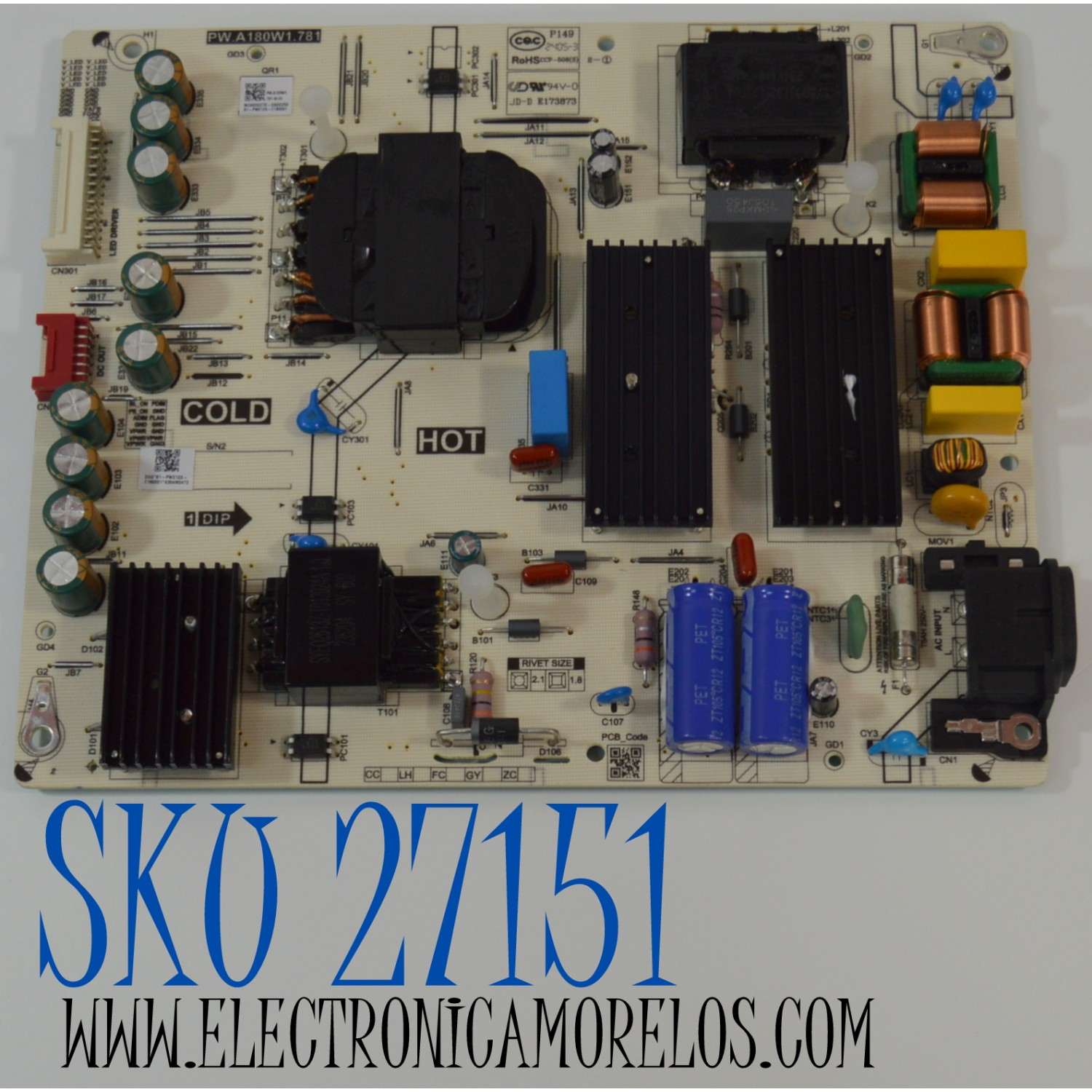 FUENTE DE PODER ORIGINAL NUEVA PARA TV YANDEX TV / NUMERO DE PARTE 81-PWE12X-C180001 / PW.A180W1.781 / PW.A180W1.781-M-01 / E173873 / PW.A180W1 781-M-01 / MODELO YNDX-00092 50'' PULGADAS