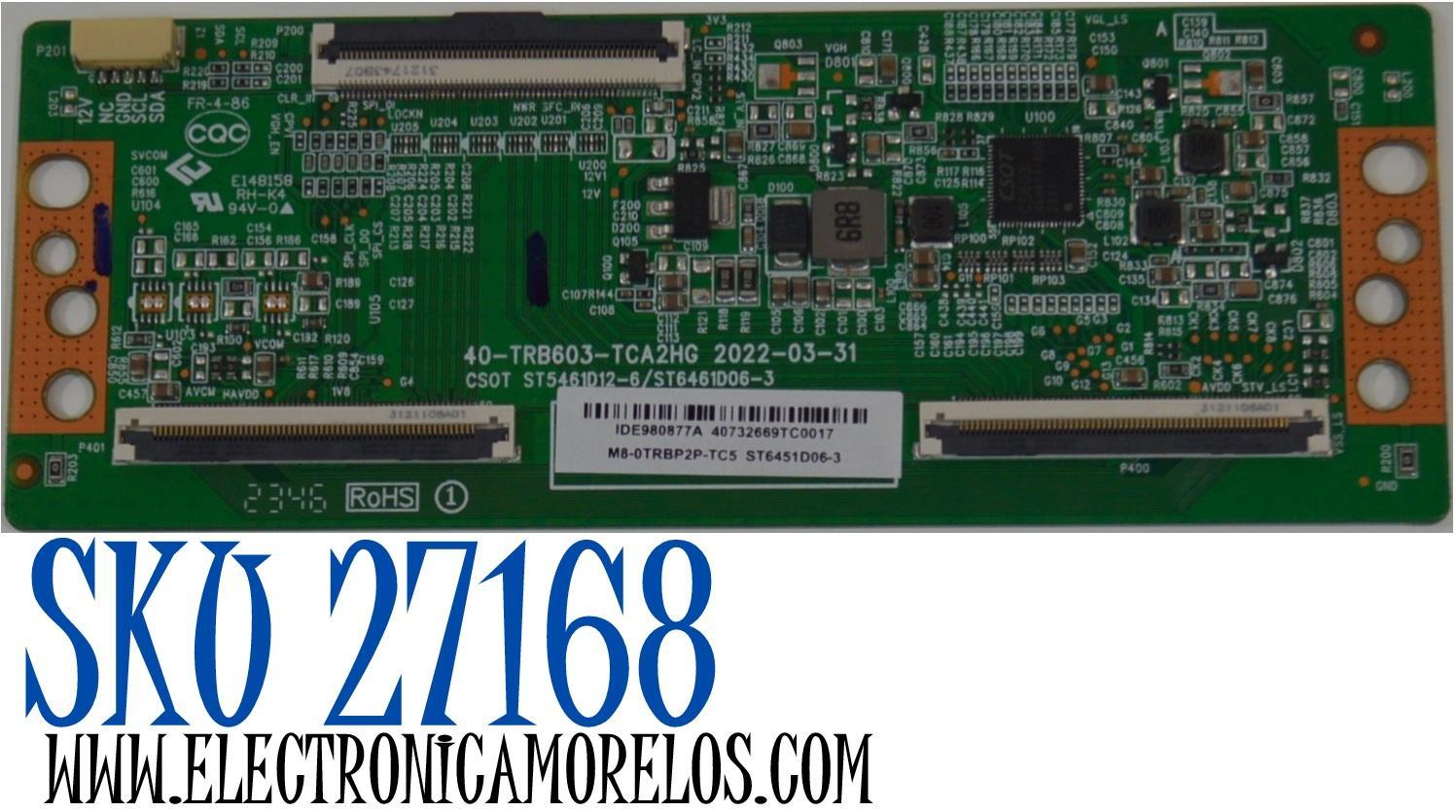 T-CON ORIGINAL NUEVA PARA TV TCL / NUMERO DE PARTE M8-0TRBP2P-TC5 / 40-TRB603-TCA2HG / ST6451D06-3 / IDE980877A / ST5461D12-6 / ST6461D06-3 / CS0T ST5461D12-6/ST6461D06-3 / 40732669TC0017 / MODELO 75Q650F