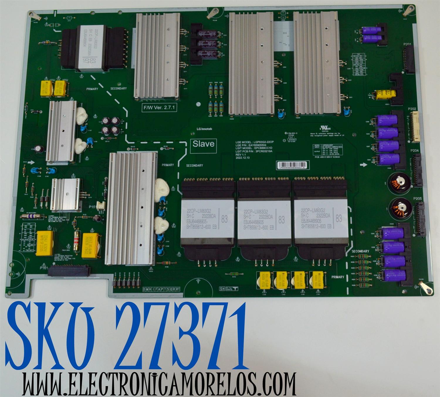 SUB FUENTE DE PODER ORIGINAL PARA TV LG / NUMERO DE PARTE EAY65905504 / 3PCR03219A / LGP83G2-22OP / EPCB89CC1D / 65905504 / PANEL LE830AQG (LQ)(B1) / MODELO OLED83G3PUA / OLED83G3PUA.BUSYLJR