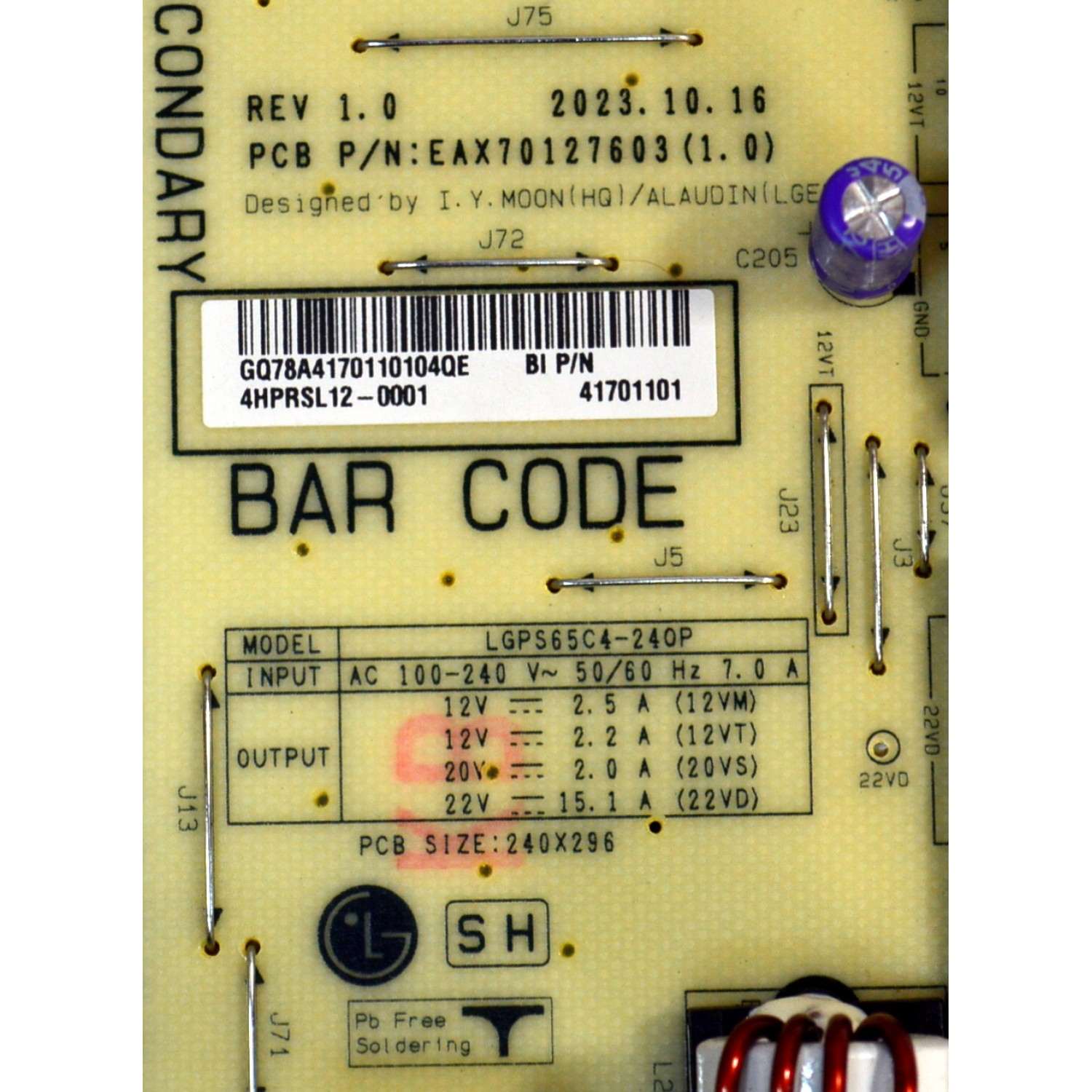 FUENTE DE PODER ORIGINAL PARA TV LG / NUMERO DE PARTE 41701101 / EAX70127603 / EAX70127603(1.0) / LGPS65C4-24OP / MODELO OLED65C4AUA / OLED65C4AUA.DUSQLJR - Imagen 2