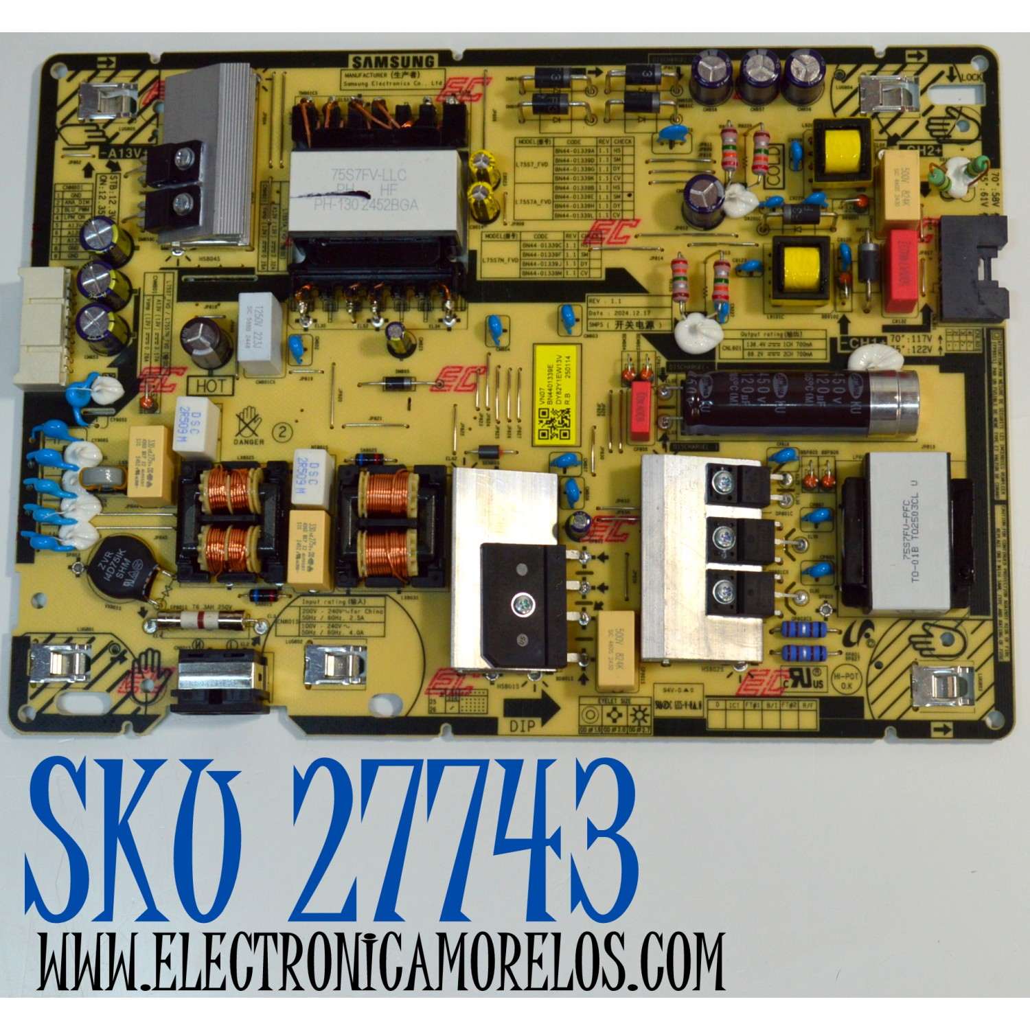 FUENTE DE PODER ORIGINAL PARA TV SAMSUNG / NUMERO DE PARTE BN44-01339E / L75S7A_FVD / BN4401339E / PANEL CY-BF075HGHV8H / DISPLAY ST7461D03-9 V2.1 / MODELO UN75U8000FDXZA / UN75U8000FDXZA CB01