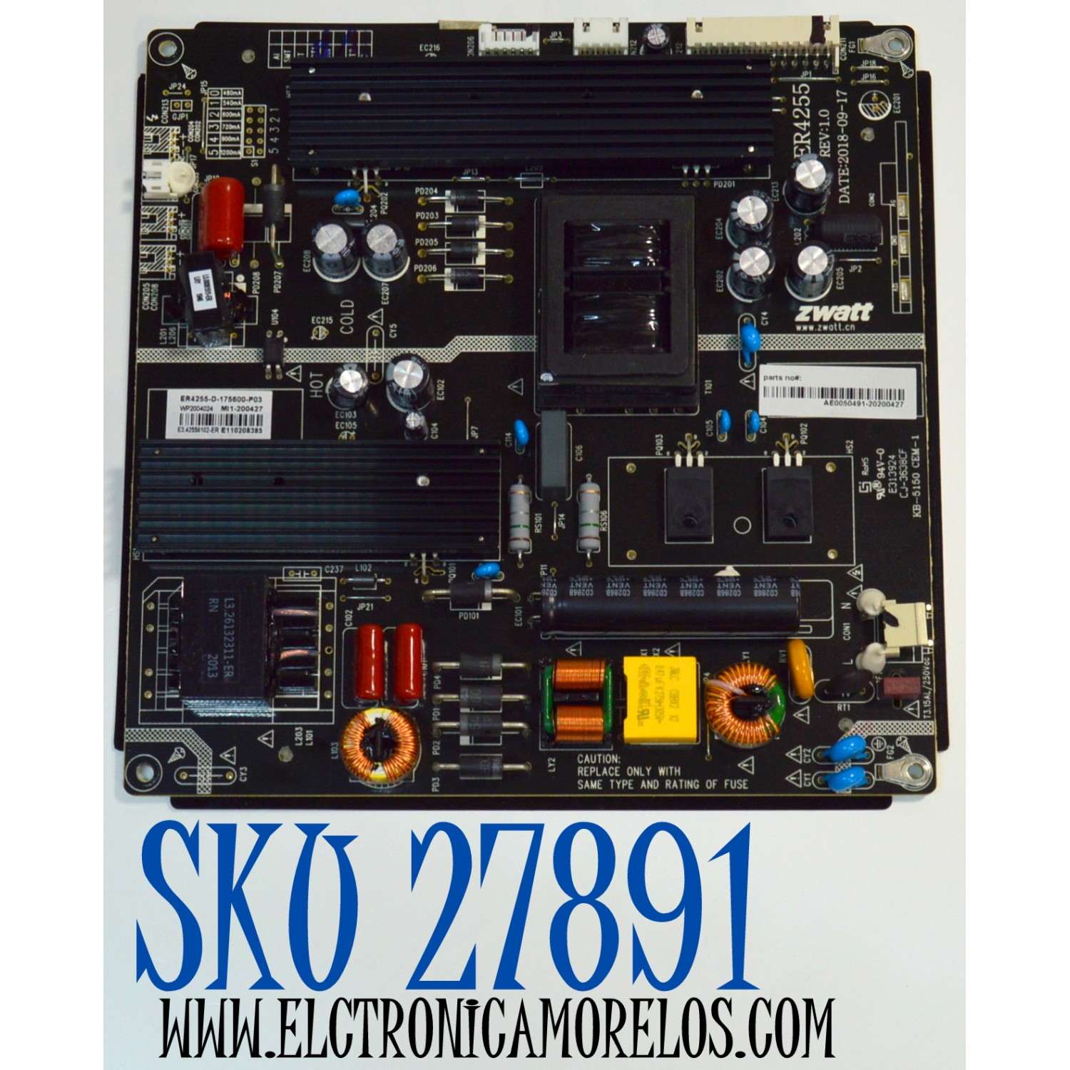 FUENTE DE PODER ORIGINAL PARA TV RCA / NUMERO DE PARTE AE0050491 / ER4255 / ER4255-D-175600-P03 / AE0050491-20200427 / PANEL CC575PU1L / DISPLAY CC575PU1L 01 / MODELO RHOS581SM-D