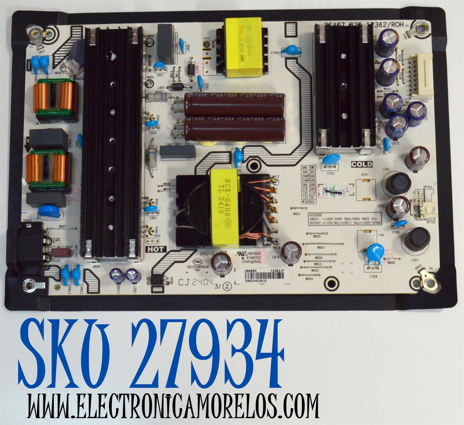 FUENTE DE PODER ORIGINAL PARA TV HISENSE / NUMERO DE PARTE 356583 / RSAG7.820.12362/ROH / CQC13134095636 / HDCEM1 / 12362-P / PANEL HD650H1U73-T0L1B6 / DISPLAY HV650QUB-F72 REV.2.0 / MODELO 65R6E4 / 65A6NV