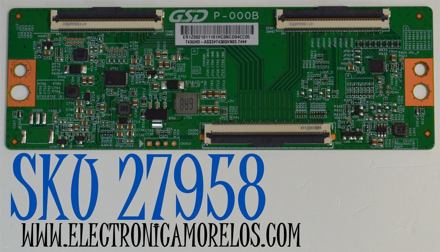 T-CON ORIGINAL PARA TV VIZIO / NUMERO DE PARTE T43UHD-ASS2 / P-000B / GSD P-000B / ER1Z0021011101HC / PANEL TPT430WR-QVN03.U / DISPLAY T430QVN03.T / MODELO VQD43M-0801 / VQD43M-0801 LTPWV5JB