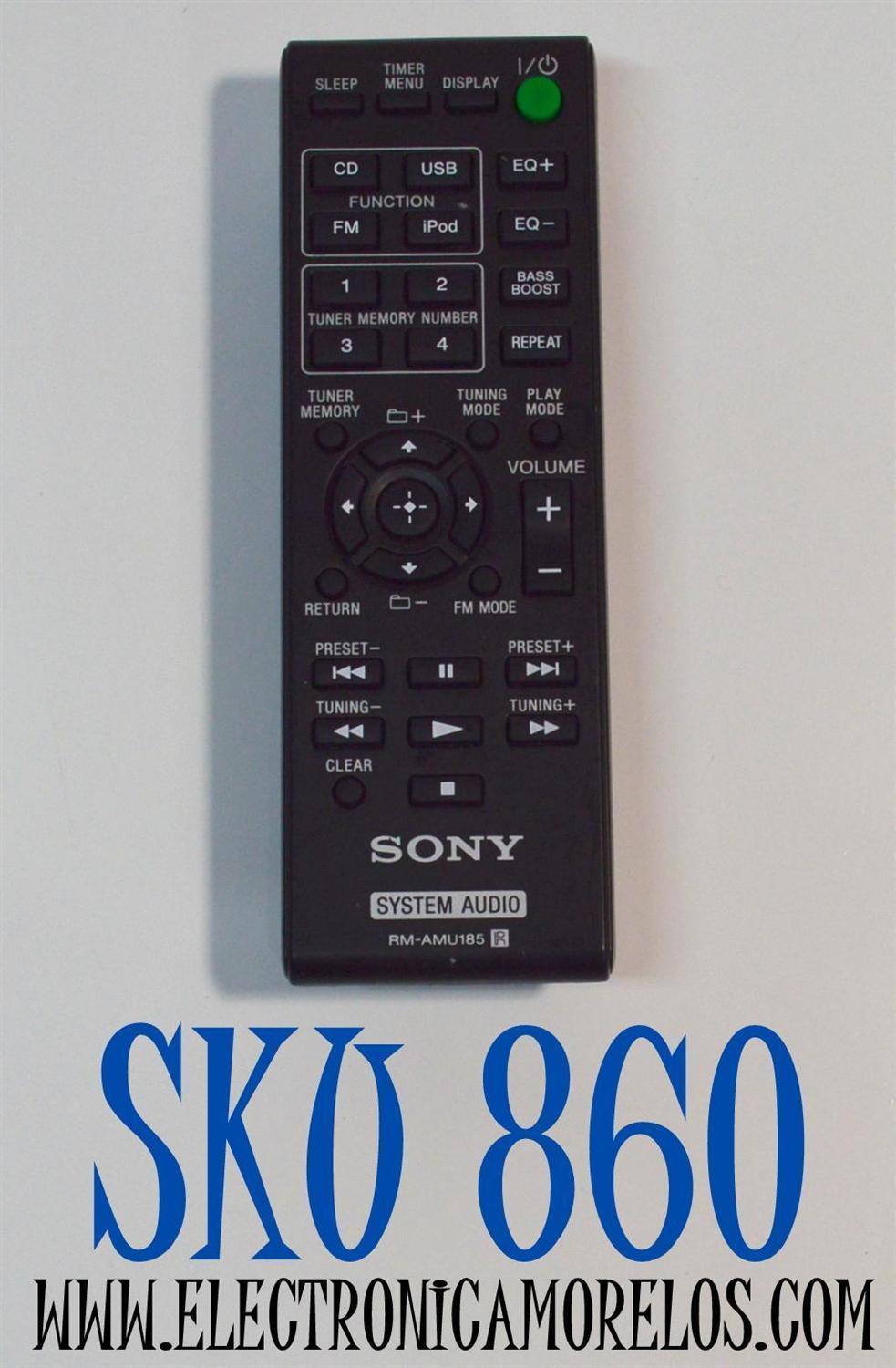 CONTROL REMOTO ORIGINAL SONY PARA SISTEMAS DE AUDIO / INCLUYE BOTONES PARA FUNCIONES COMO CD/USB/FM/iPOD/ NUMERO DE PARTE RM-AMU185 / RM-AMU185R /A1970520A / MODELO MHC-EC619iP / HCD-EC619iP / SS-ECL5 /MHC-EC719IP /MHC-EC919IP / HCD-EC619IP / MHC-EC619IP