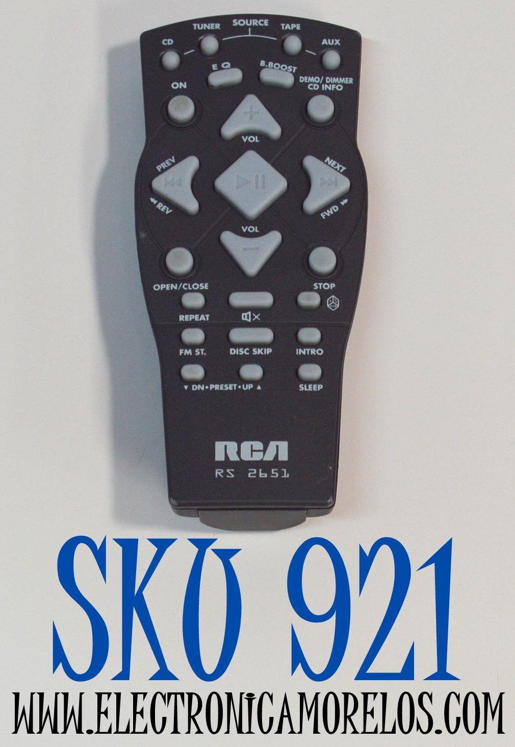 CONTROL REMOTO ORIGINAL RCA PARA SISTEMA DE AUDIO/MINICOMPONENTE CON FUNCIONES DE CD / SINTONIZADOR AM/FM / TAPE / ENTRADA DE AUXILIAR / NUMERO DE PARTE RS 2651 / RS2650 / RS3532 / RS3531 / RS2653 /RS2663/RS2620 /RS2635/RS2635B /RS2640B /RS2614 / RS2650B