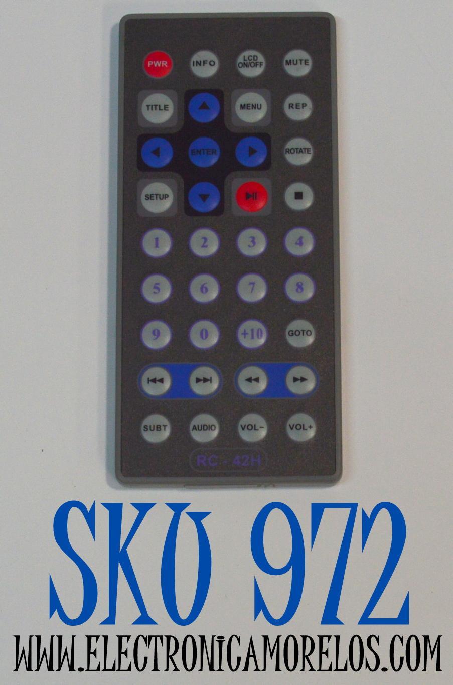 CONTROL REMOTO PARA REPRODUCTORES DE DVD PORTATILES POLAROID / NUMERO DE PARTE RC-42H / KTC-222 / RC-42 / RC-42A / RC42C / MODELO PDV-1002A / PDV-1042M / PDV-0700 / PDM0723 / MGX0550 / PDV0722