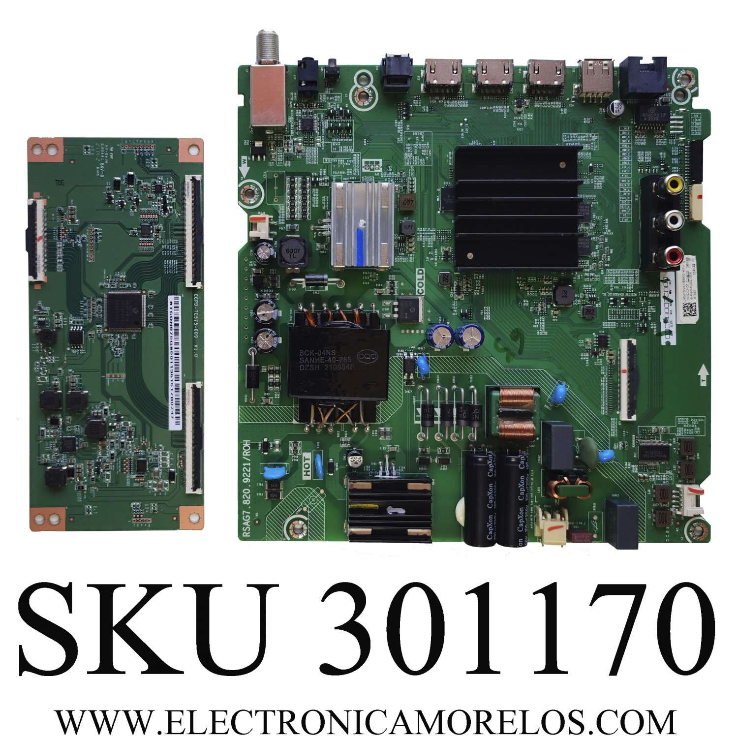 KIT DE TARJETAS PARA TV HISENSE·ROKU TV 4K·UHD·HDR / MAIN 295587 / RSAG7.820.9221/ROH / 295588 / 58A56EUR(0002) / T-CON STCON575G / CCPD-TC575-009 / STCON575G8 / PANEL HD580X1U92-TAL1\S0\GM\CKD3A\ROH / DISPLAY CC580PV5D VER.06 / MODELO 58R6E3 58A56EUR