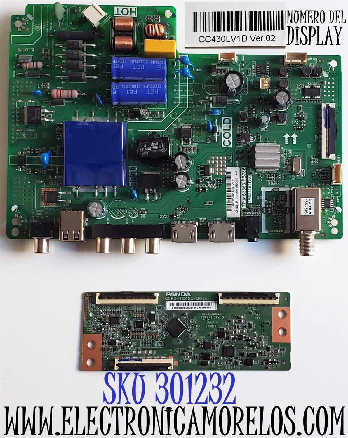 KIT DE TARJETAS PARA TV HITACHI / MAIN 02-SMMS3663-CD10 / TP.MS3663.PB786 / 3MS663H0T2A / IDF150848 / IDF150848A / IDF150848B / IDF150848C / T-CON STCON425G005 / CCPD-TC425-001 / STCON425G-005 / PANEL LVF430PADX E0090 / DISPLAY CC430LV1D / MODELO 43D33