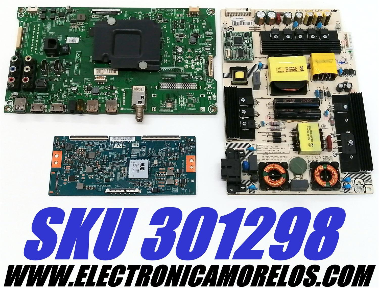KIT DE TARJETAS PARA TV HISENSE 4K·UHD·HDR / MAIN 201724 / RSAG7.820.6591/ROH / 194886 / HU55K3300UWG / T-CON 5555T32C01 / T550QVN05.1 / 55T32-C06 / FUENTE 191669 / RSAG7.820.6672/ROH / HLL-4860WB / PANEL HD550DU-B52 / DISPLAY T550QVN05.2 / MODELO 55H8C