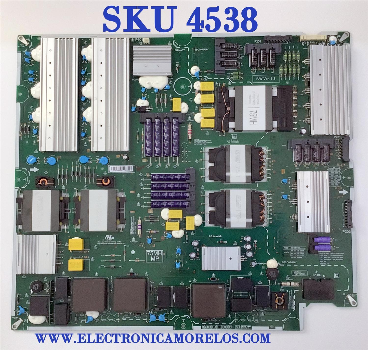 FUENTE PARA TV LG / NUMERO DE PARTE EAY65898111 / LGP75MH-21SP / EPCE55CB1BM / 3PCR02944A / PANEL LC750DZR (SP)(A1) / MODELO 75QNED99UPA