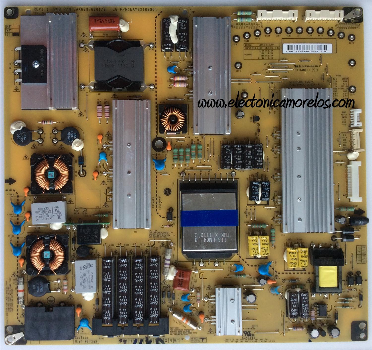 FUENTE LG EAY62169901 / 62169901 / PLDK-L007A / 3PAGC10043A-R / EAX62876201/9 / SUSTITUTA CRB31006801 / PANEL LC550EUF / MODELOS 55LV355B-UA / 55LV3700-UD / 55LW5300-UC / 55LV5400-UB / 55LW5000-UC/ 55LW5600-UA / 55LW5700-UE / 55LV5500-UA AUSYLUR