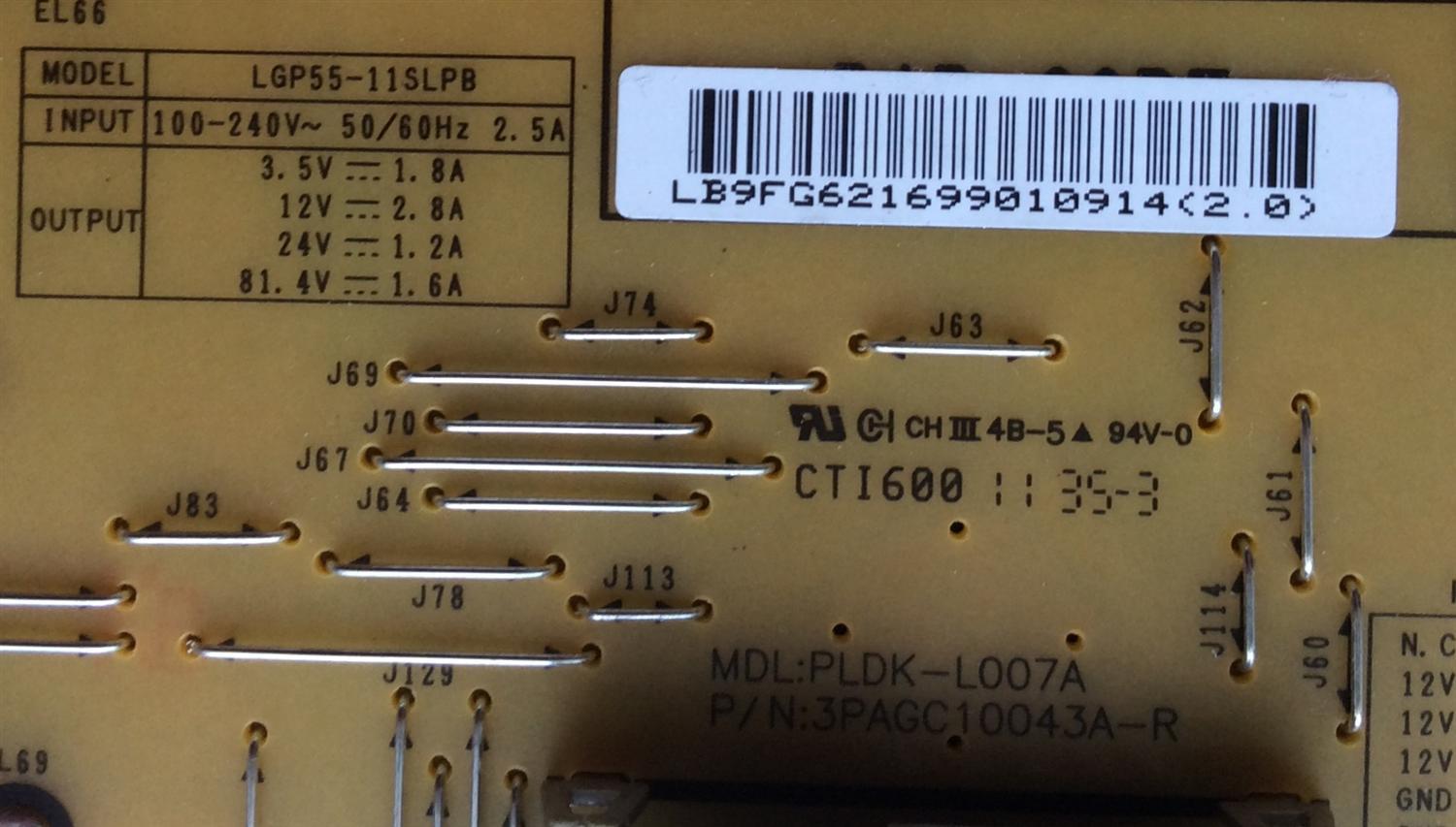 FUENTE LG EAY62169901 / 62169901 / PLDK-L007A / 3PAGC10043A-R / EAX62876201/9 / SUSTITUTA CRB31006801 / PANEL LC550EUF / MODELOS 55LV355B-UA / 55LV3700-UD / 55LW5300-UC / 55LV5400-UB / 55LW5000-UC/ 55LW5600-UA / 55LW5700-UE / 55LV5500-UA AUSYLUR - Imagen 4